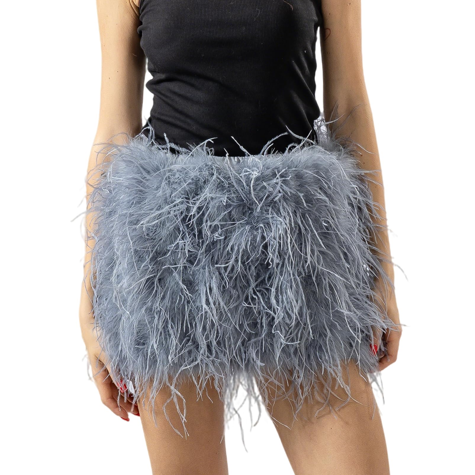 LVCOMEFF Minifalda de plumas de avestruz para mujer, cintura elástica, peluda, para fiesta, club, lujo