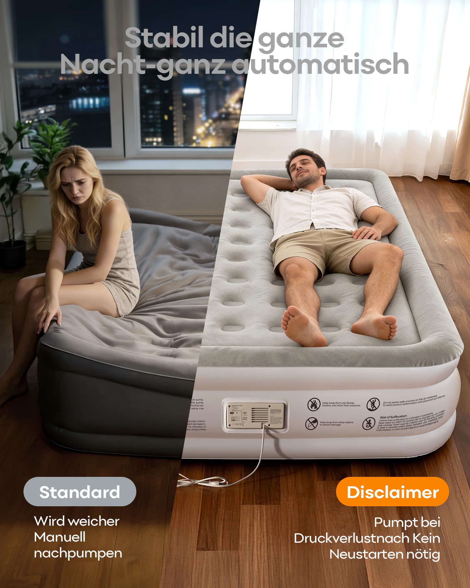 Luftmatratze mit integrierter Pumpe, automatisches Nachfüllen, 2,5 Min Schnellaufblasen, weiche Beflockung, leiser Betrieb, für 2 Personen