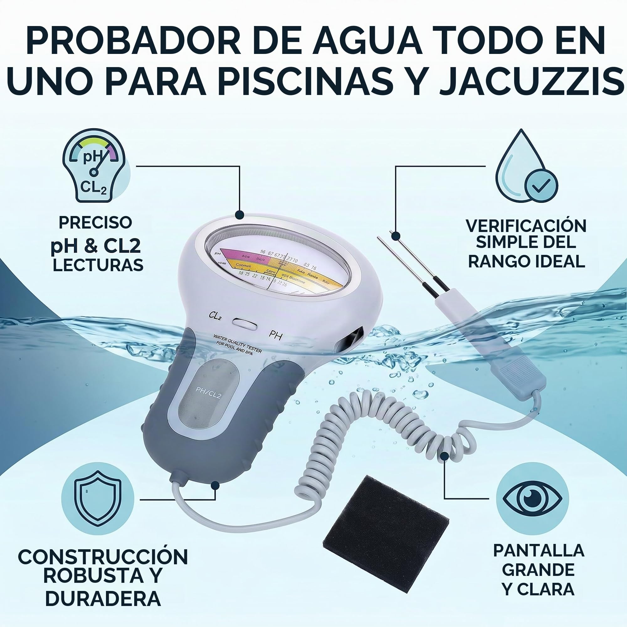 Probador Digital de Cloro Probador de Cloro y PH Pantalla Grande Probador CL2 Herramienta Conveniente para Probar el PH del Agua y el Nivel de Cloro para Piscinas y Spa