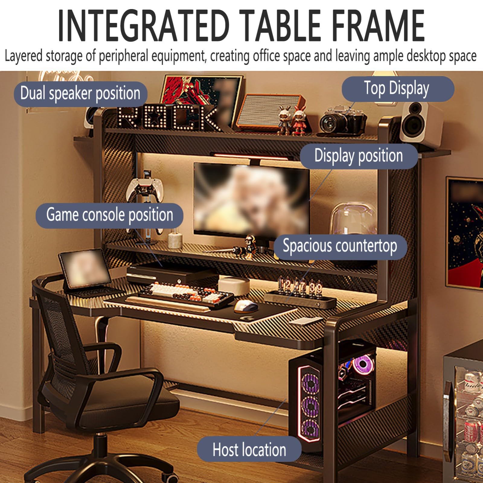 Scrivania da Gioco con Credenza, Scrivania per Ufficio Domestico, Grande Postazione di Lavoro per PC da Gioco, Tavolo da Gioco Ergonomico per Camera da Letto, Soggiorno A,140x60x151cm