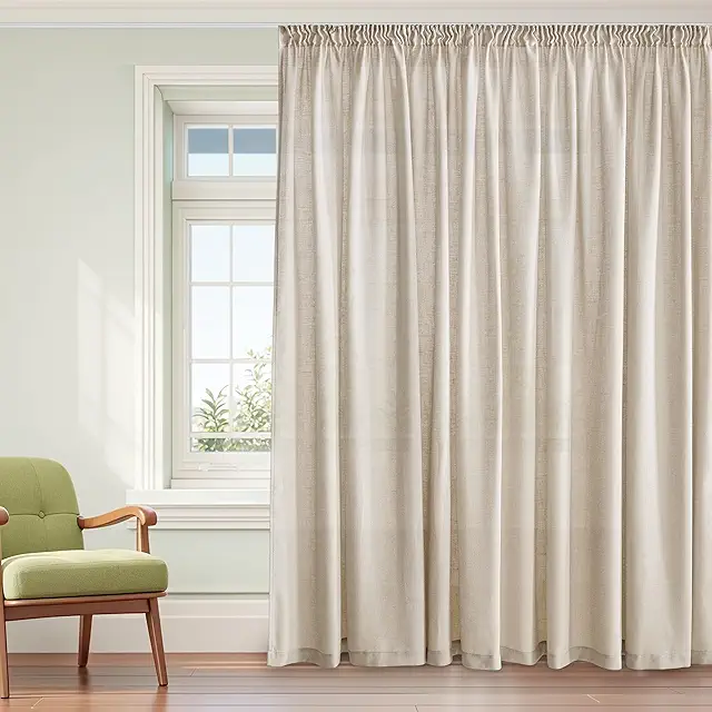 Cortina de Lino Beige 300x260cm Semi Translúcida para Ventanas Grandes