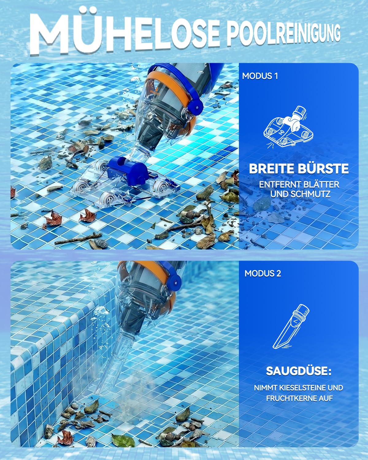 Aspirapolvere per piscina a batteria con telecomando sul manico telescopico, senza fili, con asta telescopica da 176 cm, durata di 75 minuti, potenza di aspirazione 4200 l/h, 2 testine di aspirazione