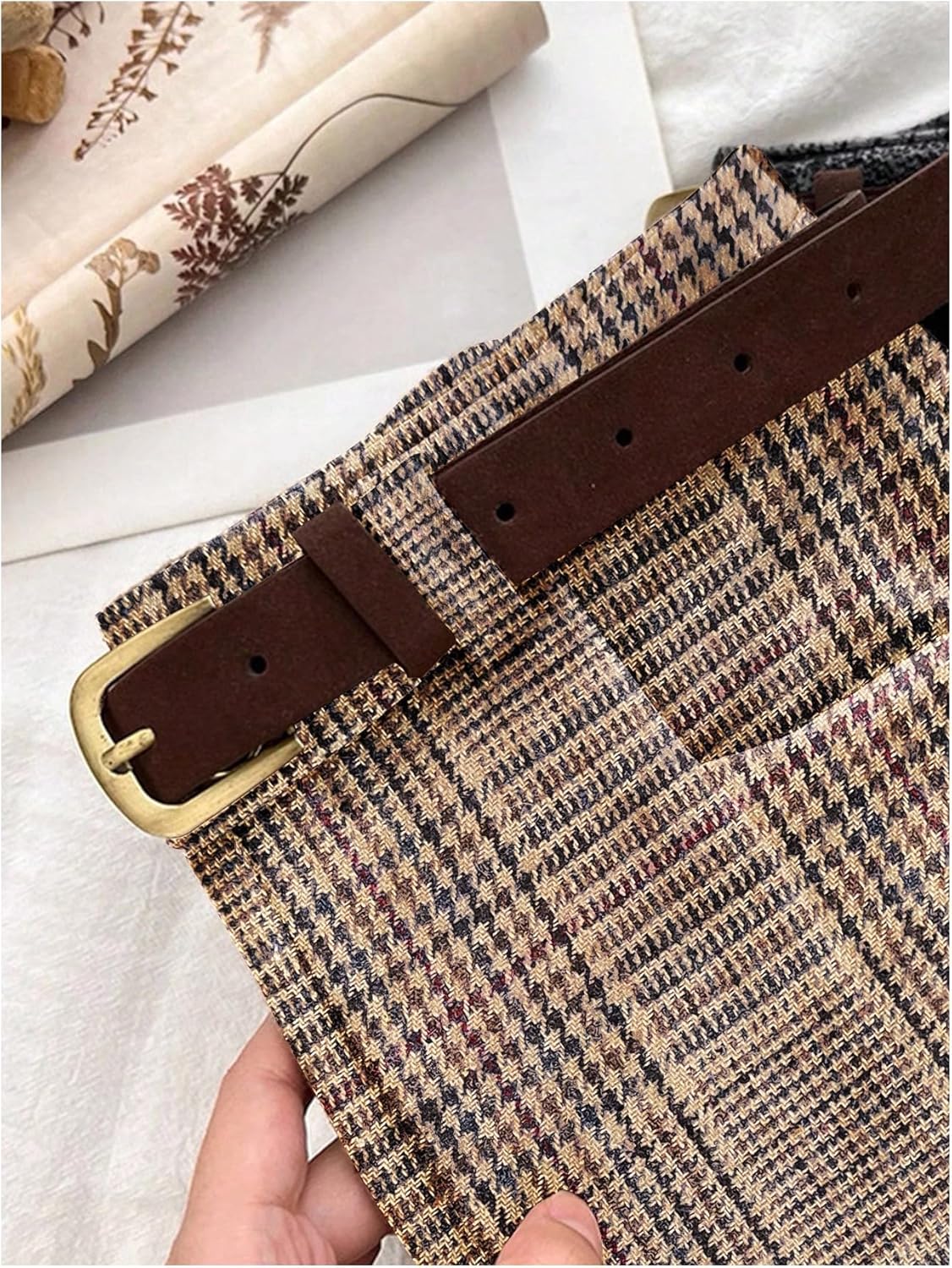 MakeMeChic Women's Plaid Dressy Shorts Business Houndstooth Mini Shorts with Belt - Image 3