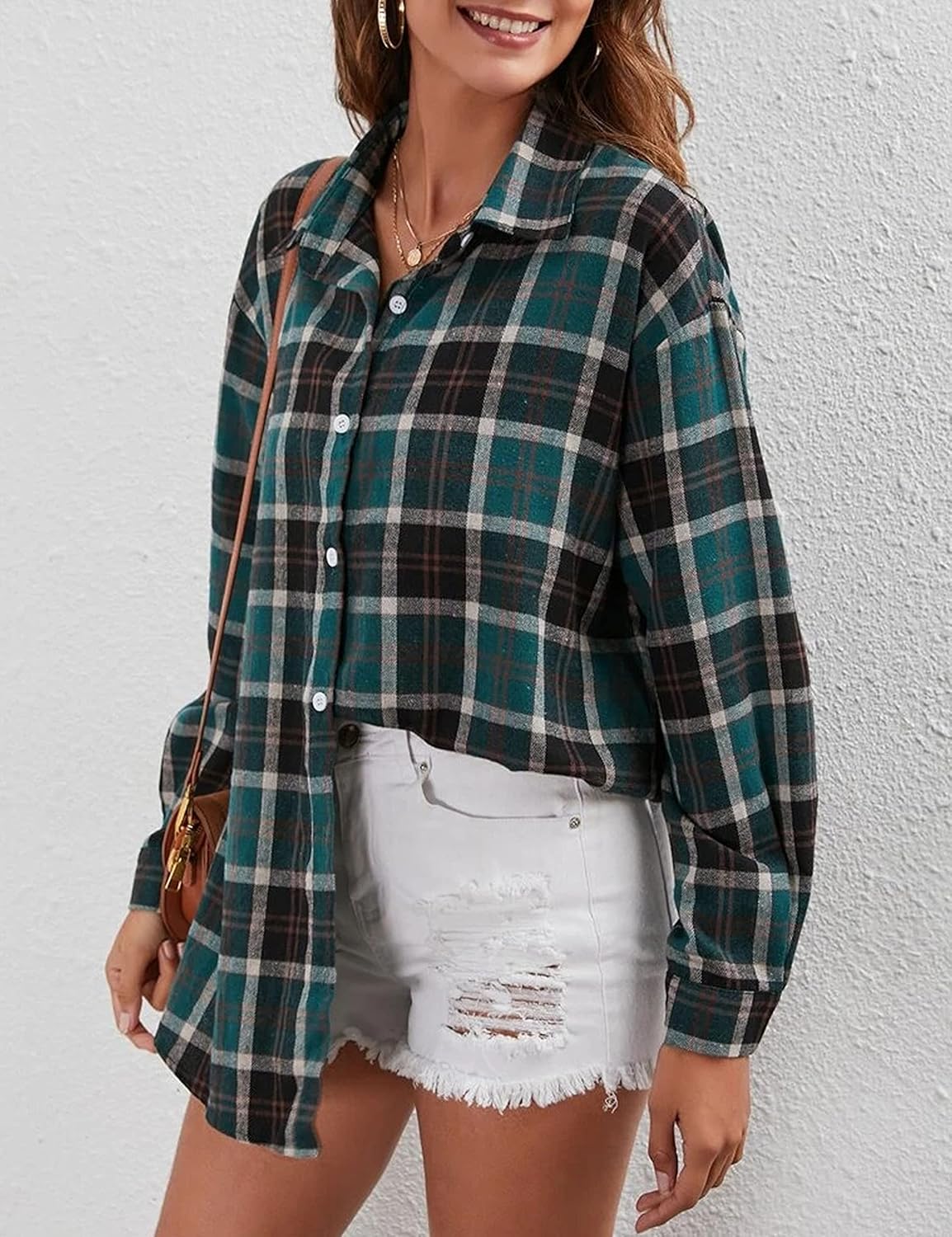 Lumister Womens' Spring Oversized Flannel Plaid Shirt Long Sleeve Drop Shoulder Lapel Button Down Shirt Blouse Tops(0075-DarkGreen-S) - Image 3