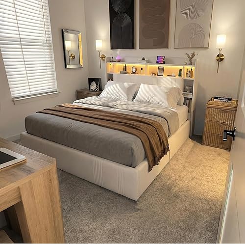 Miniatura 10 de EnHomee Base de cama tamaño King con 4 cajones de almacenamiento, base de cama King tapizada con cabecera de almacenamiento de varios niveles, luces