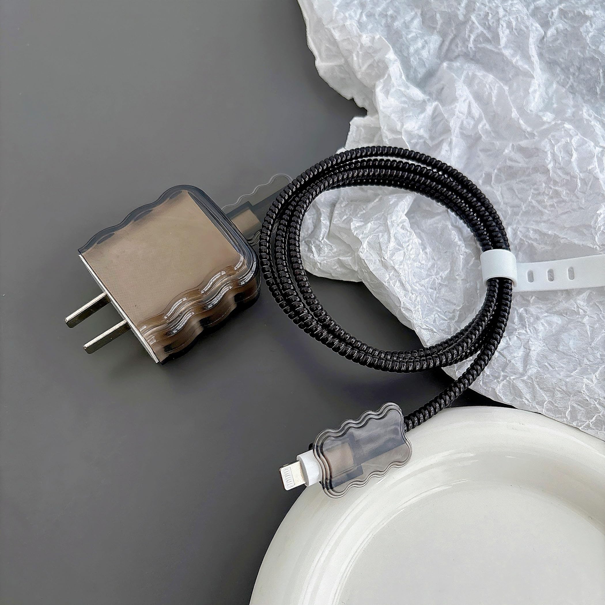 Cute Cable Protector for iPhone 18W/20W USB-C Charger,Classic Black Charging Cord Protector,Soft Clear Wave Shape TPU Charging Protector Cover,Wire Cord Saver,Phone Cord Protector for iPhone Charger