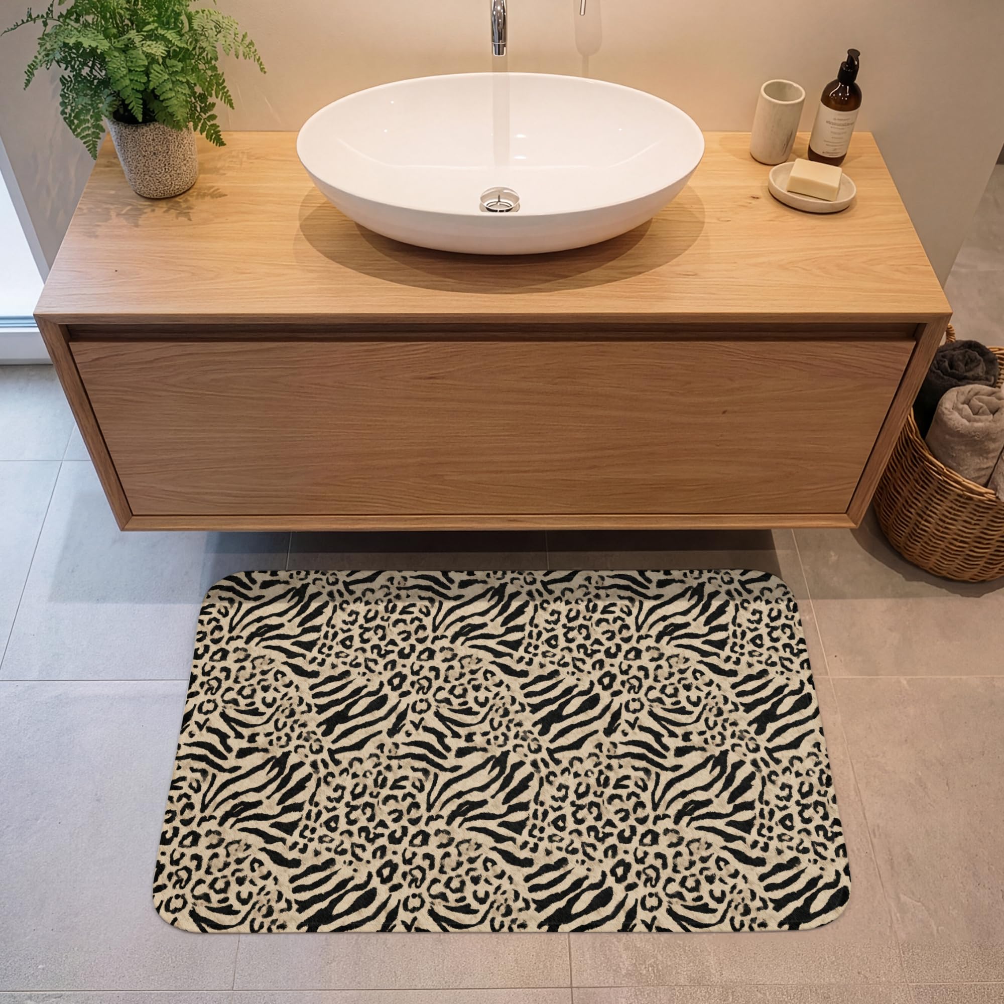 Badematte rutschfest Deko Badezimmer Memoryschaum Badematten | 90x60 cm - Rechteckig - Vorleger Mit Ausschnitt Duschvorleger Waschbar Giraffe - Zebra - Motiv - Braun