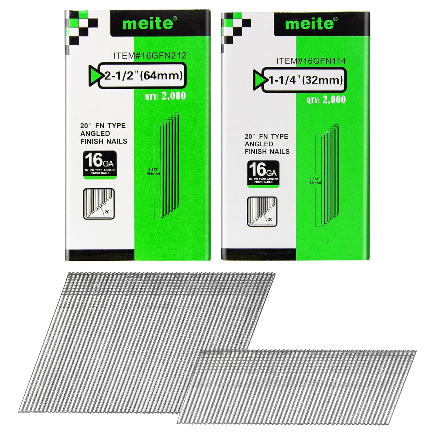 meite 16 Gauge 20 Degree Finish Nails Set 2-1/2 Inch & 1-1/4 Inch Leg Galvanized Angled Finishing Nails for Finish Nailer Cabinet Crown Baseboard