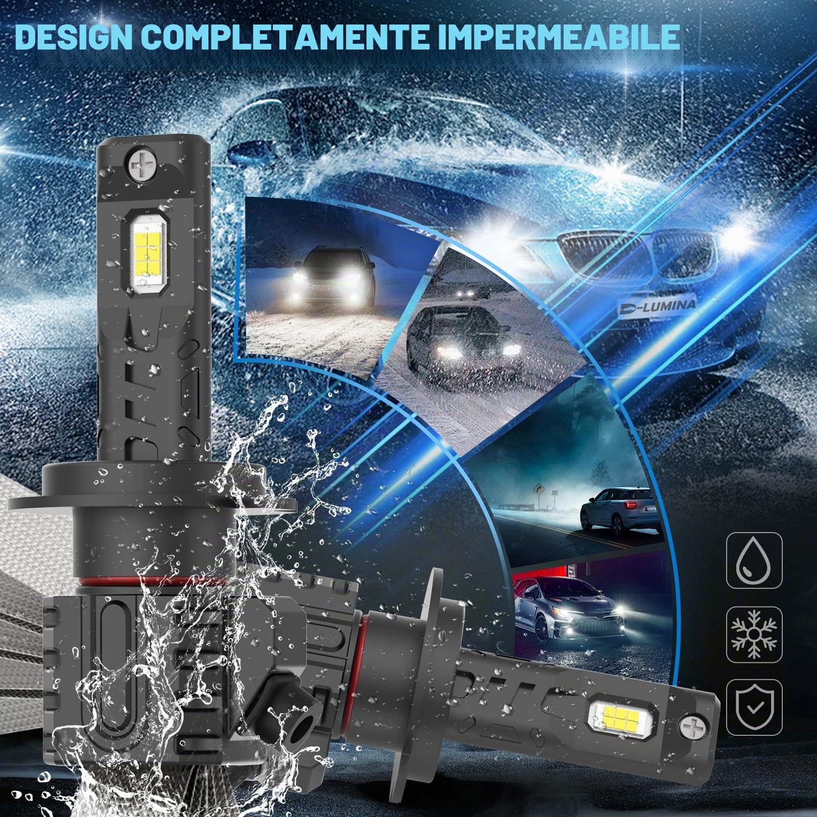 D-Lumina Lampadina H7 LED Canbus 160W 30000LM, High Lumens Bianco 6500K | Kit di Conversione per Fari Alogeni Auto, 4 Braided Straps per il Raffreddamento, 2 pezzi