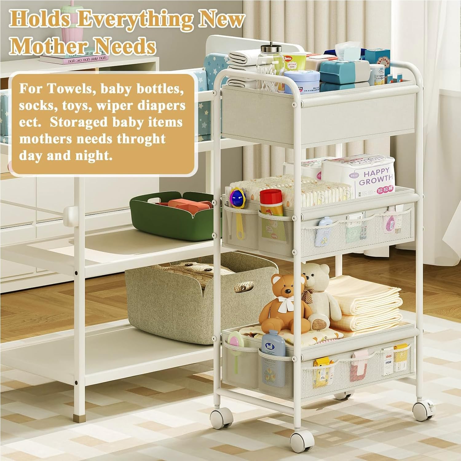 3-Tier Baby Diaper Caddy Cart Organizer,Mobile Nursery Storage Carts with Wheels,With 2 Dividers&14 Mesh Pockets Durable Metal Utility Cart for Nursery, Bedroom, Bathroom, Baby Essentials Organization