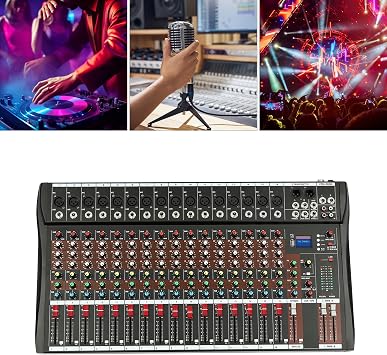 Professional Audio Mixer 16 Channel DJ Mixer Sound Board Console Stereo Sound Mixer with EQ Bluetooth USB Input 48V Phantom Power for DJ Recording Studio Karaoke KTV Music Effect