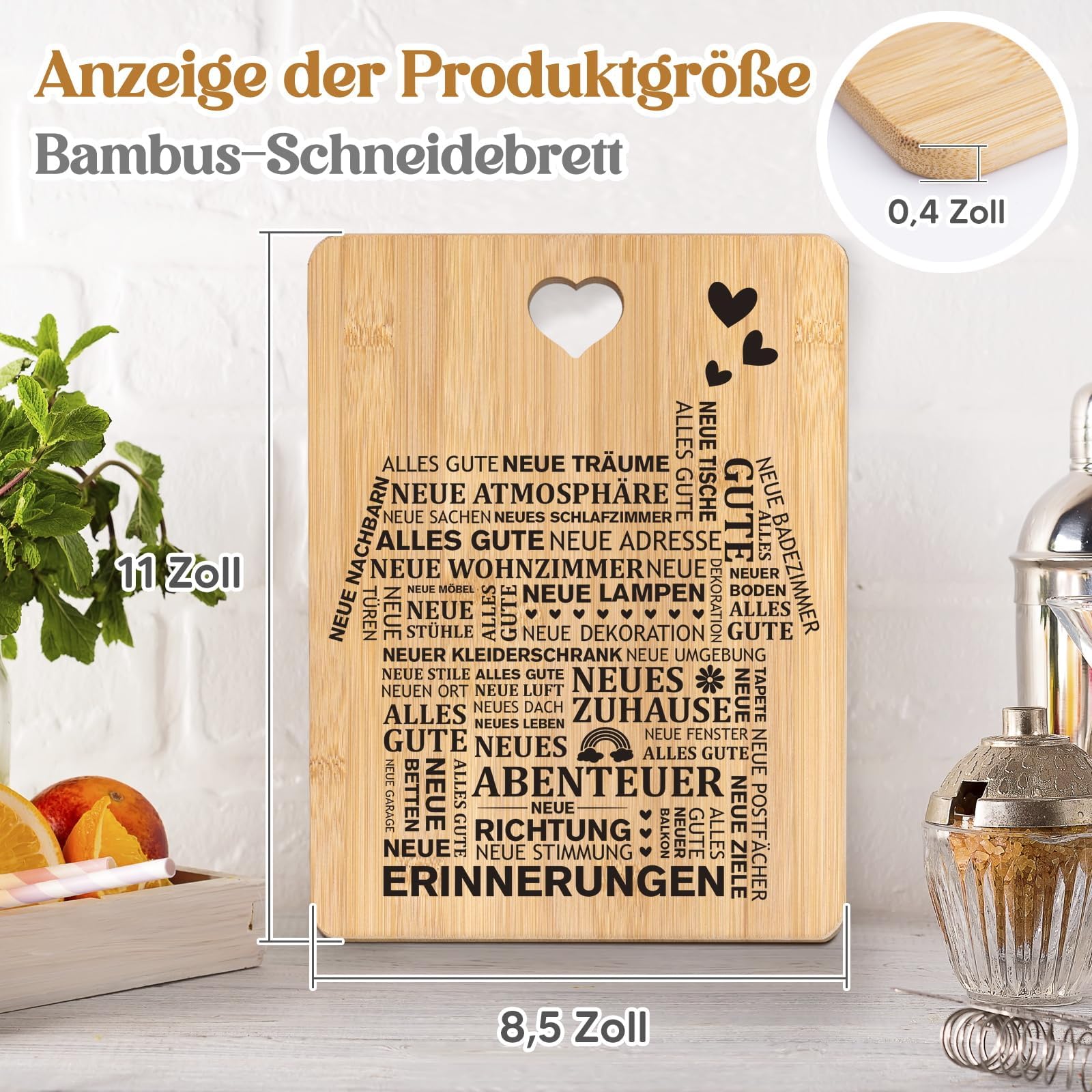 Set Regalo Inaugurazione Casa: 4 Pezzi In Bambù Inciso Al Laser – Tagliere, Cucchiaio E Accessori Da Cucina - 2