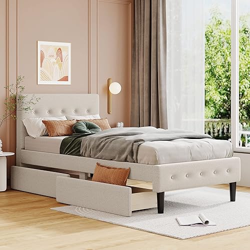 Cama individual con cajones de almacenamiento, cama de plataforma tapizada con cabecera capitonada con botones y soporte de listones de madera para