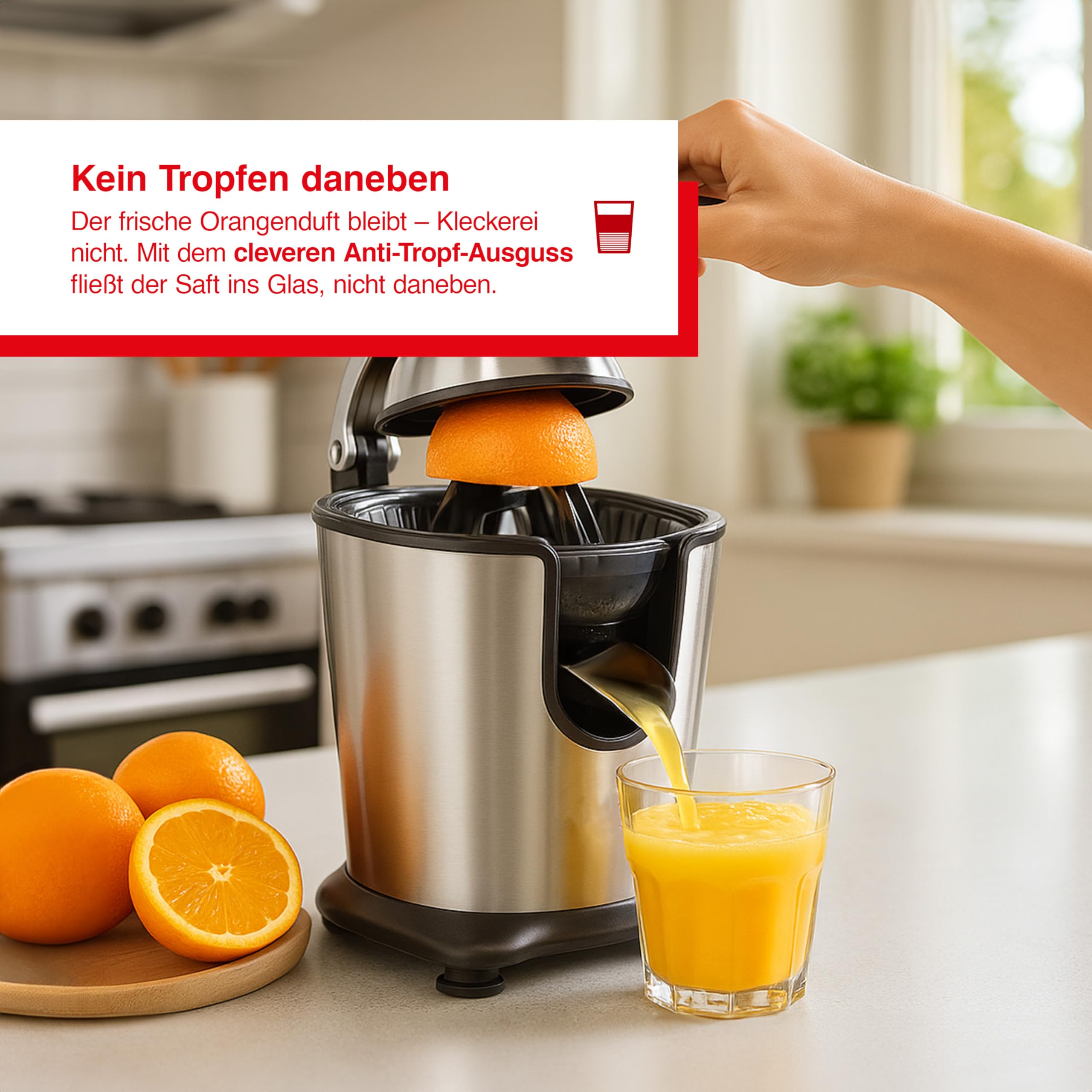 Solis Citrus Juicer 8453 Zitruspresse Elektrisch - Zitronenpresse - Orangenpresse - Einfache Startautomatik - Leiser Motor - Saftpresse Elektrisch aus Edelstahl - 160 Watt | Metall-Pressarm, Startautomatik, Anti-Tropf, spülmaschinenfest, für Orangen, Zitr