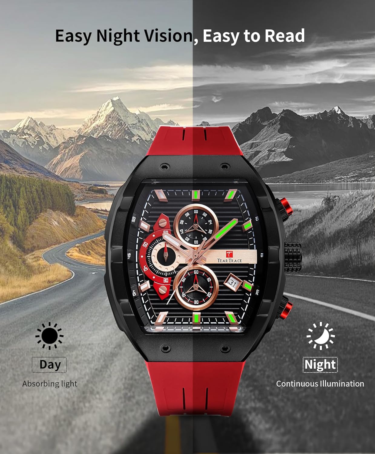 Watches for Men Analog Quartz Waterproof Sport Men’s Watch Tonneau Chronograph Luminous Fashionable Unique Casual Watch with Silicone Strap - Image 6