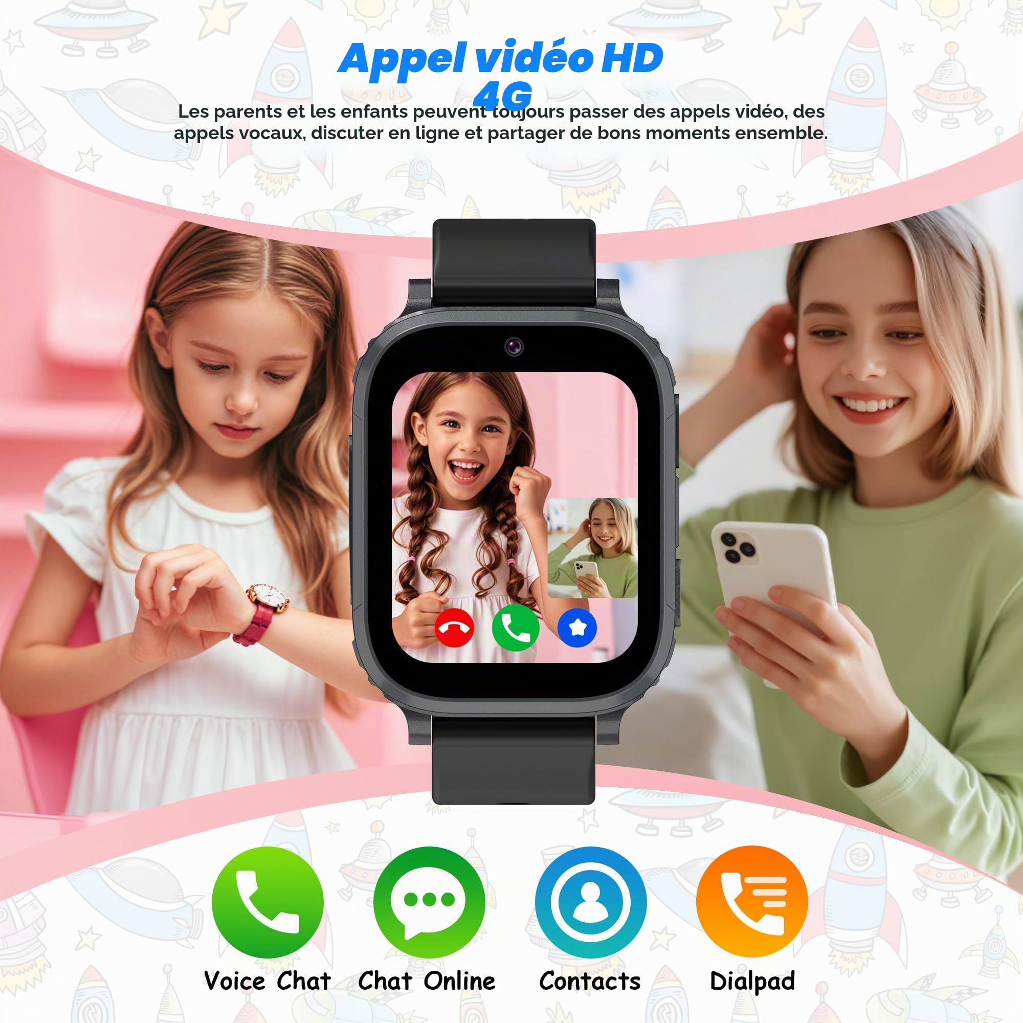 Montre Connectée Enfant 4G GPS, Appel Vidéo, Chat Vocal, SOS | localisation en temps réel, téléphone, chat familial, réveil, appareil, ip68, mode classe, jeux, cadeau filles garçons