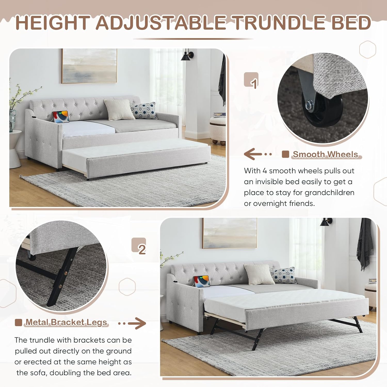 Close-up details of the Antetek Daybed's height-adjustable trundle, showing smooth wheels and metal bracket legs.