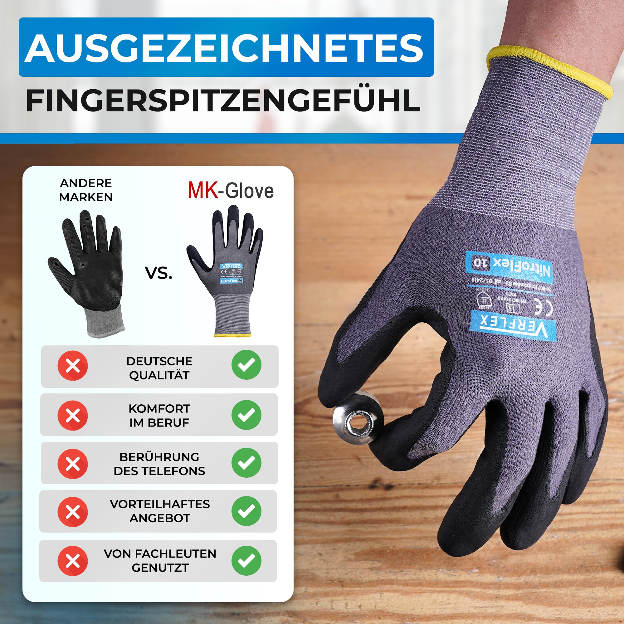 Arbeitshandschuhe Herren aus Nylongewirke (12 Paar) - Präzise und Angenehme Schutzhandschuhe - Robust Montagehandschuhe aus Atmungsaktiv Maschenware - Grau - 10-XL