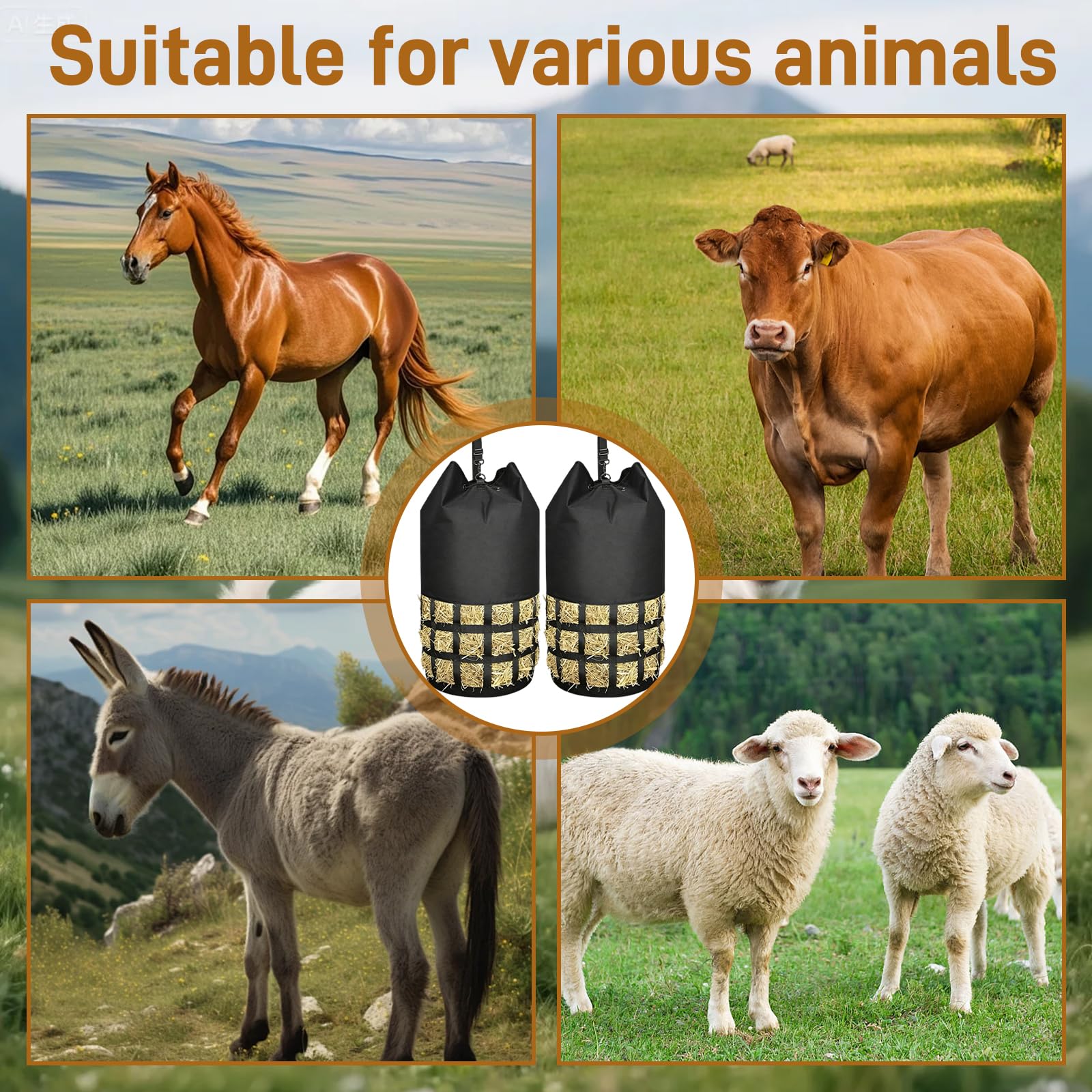 2 PCS Heusäcke für Pferde, mit Haken, 6,5 cm Maschenweite, 10 kg Fassungsvermögen, Heunetz / Slow-Feeder Heusack, XXL Heusack, robust & wetterfest, für Pferde, geeignet für Stall, Weide und Transport