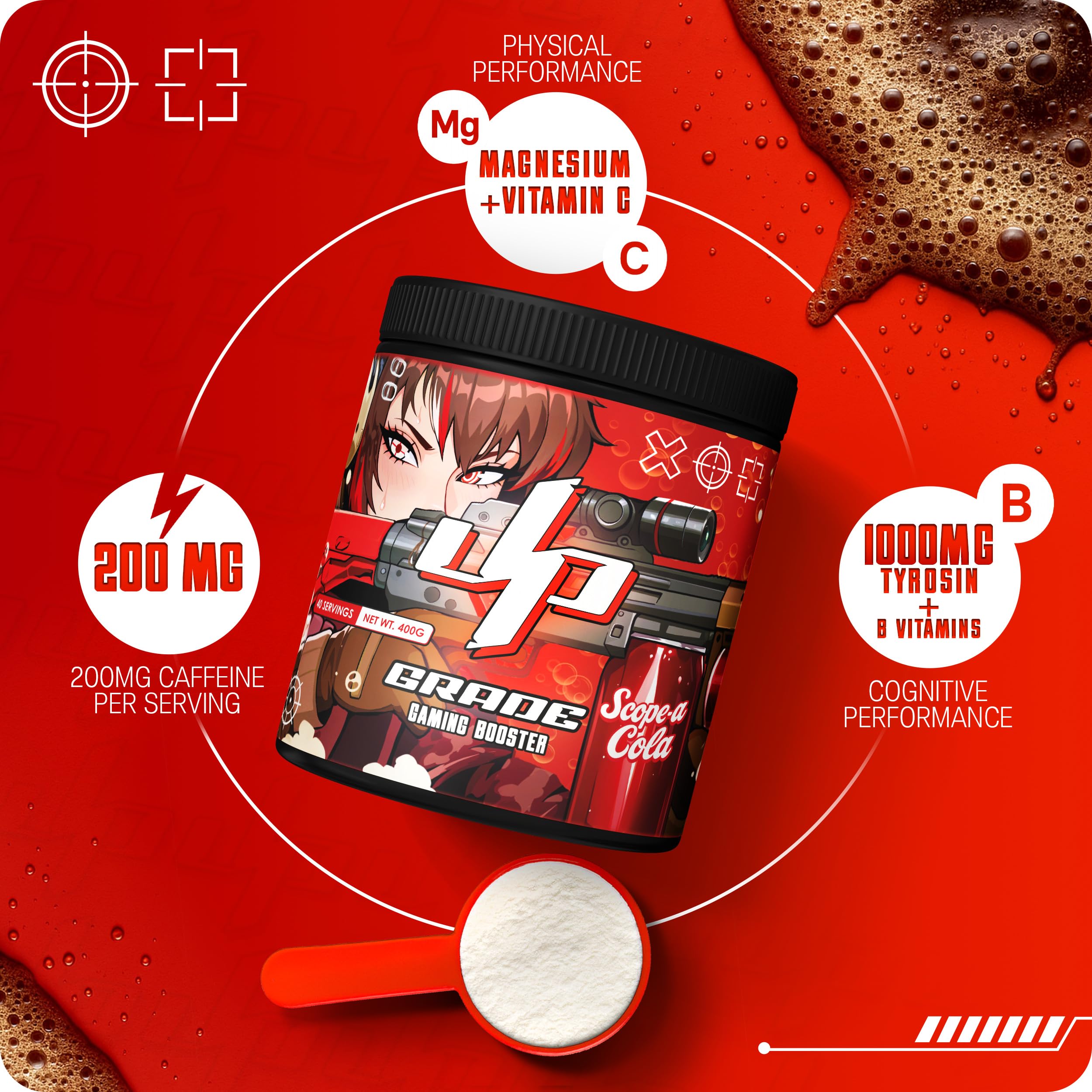 UP-GRADE Gaming Booster – Polvere per Energy Drink per Focus ed Energia – 200 mg di Caffeina, L-Tirosina, Taurina, Vitamine e Magnesio – Bevanda Chiara e Rinfrescante – 40 Porzioni (400 g)