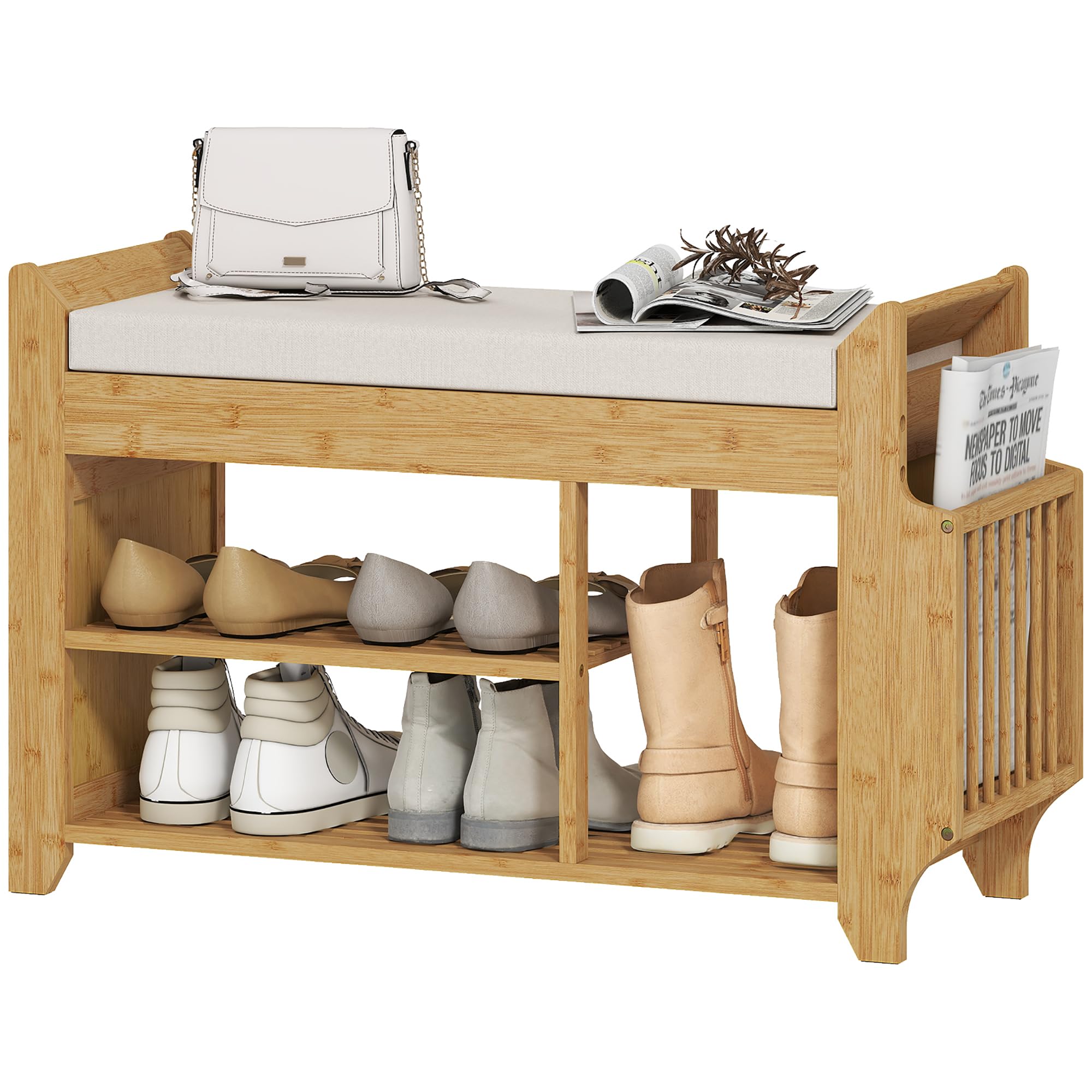 HOMCOM Banco Zapatero con Asiento Acolchado 80x30x50 cm Natural y Beige | Banco Recibidor, Almacenamiento Lateral, Estante para Botas, Marco de Bambú, Entrada de Casa, Pasillo, Salón