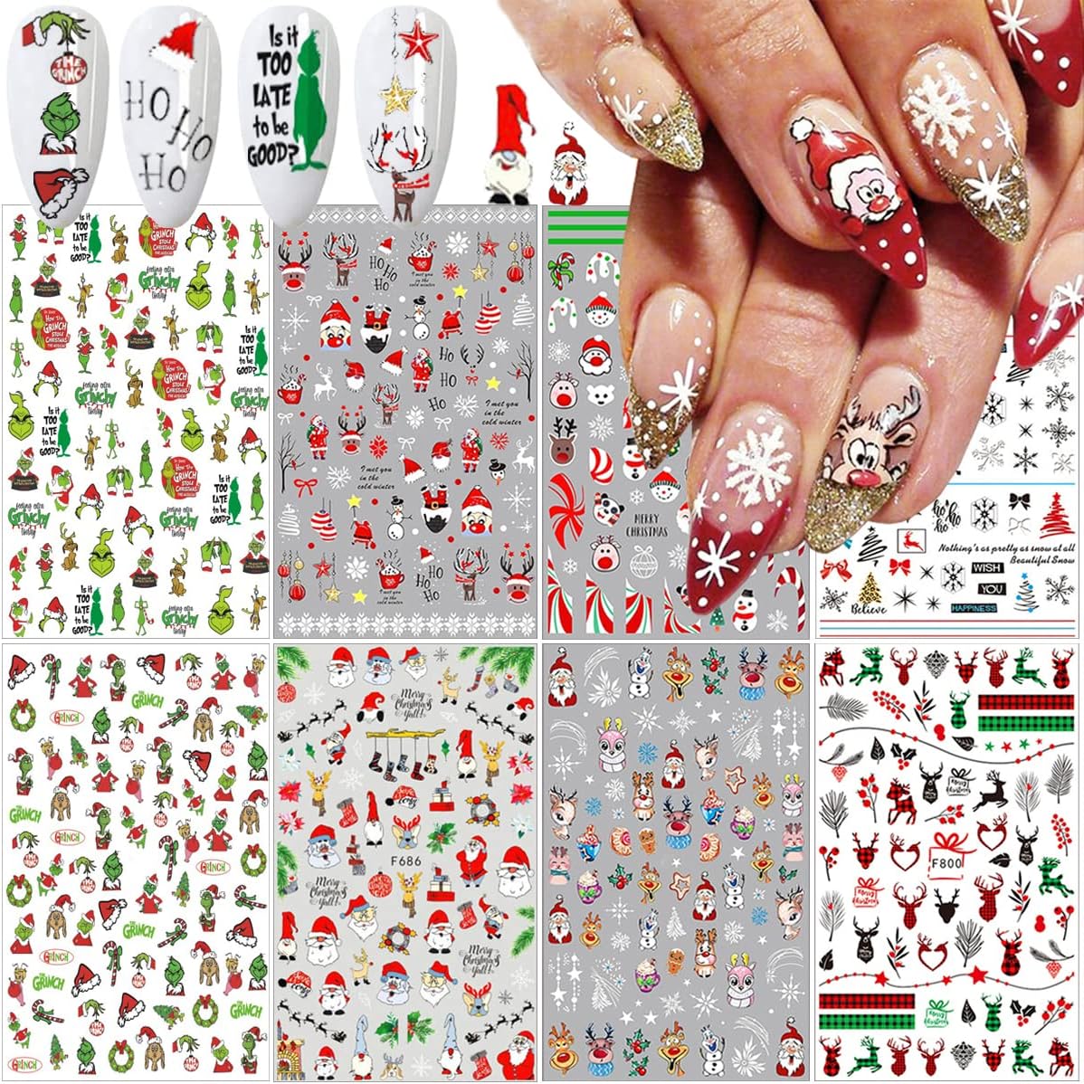8 Sheets Christmas Nail Art Stickers Decal 3D SelfAdhesive Nail