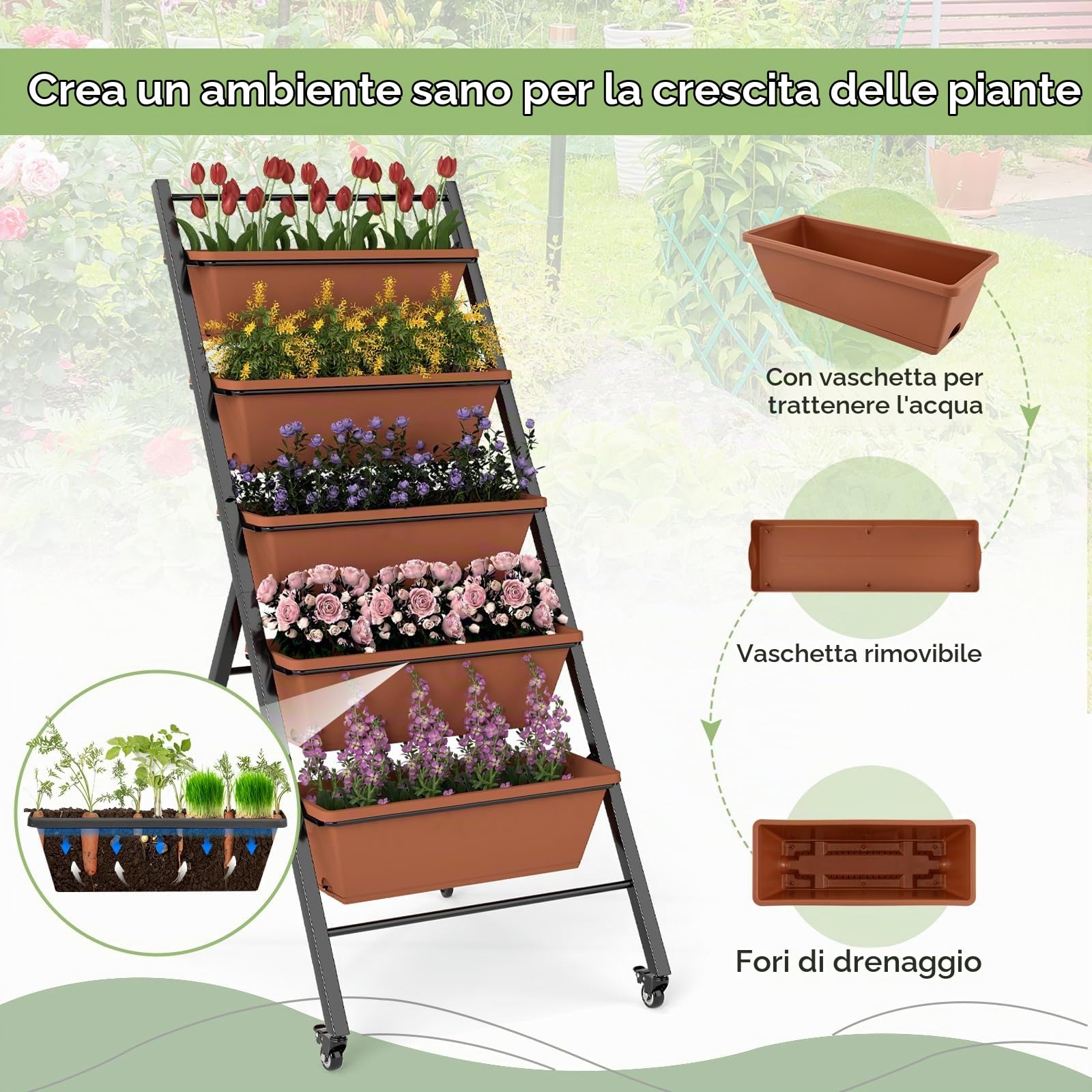 HOMASIS Fioriera da Balcone a 5 Ripiani con 4 Ruote, Scaffale per Piante con 2 Ruote con Freno, Carrello per Piante, Fiori, Verde, Portapiante da Giardino, Balcone, Cortile (Marrone, 57 x 74 x 132 cm)