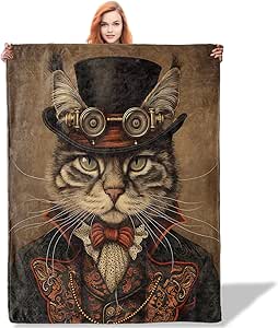 Plistiz Steampunk Cat Throw Blanket 50"x60", Vintage Cat Blankets for Living Room Bedroom Decor, Soft Flannel Polyester Warm Cozy Gifts for Cat Lovers