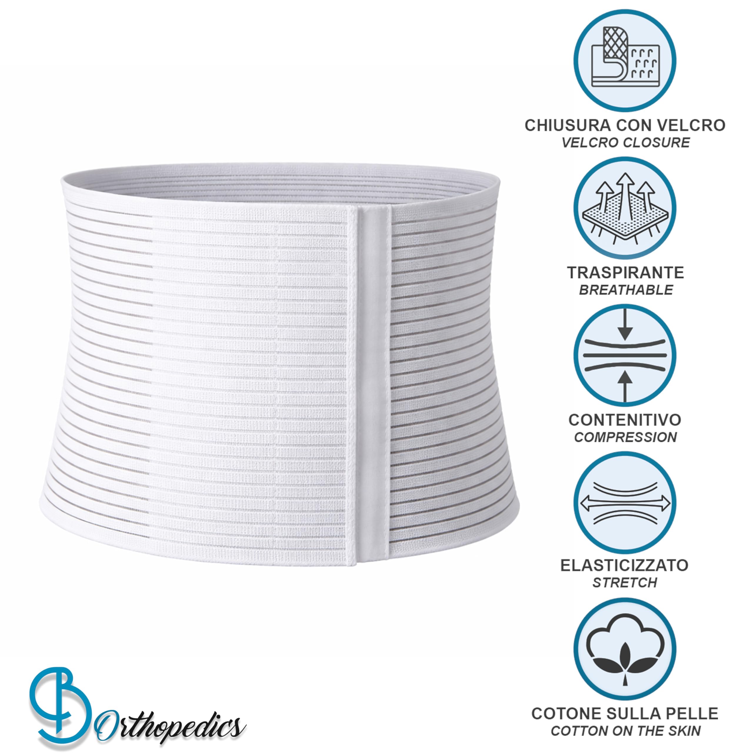 Beman 5065 - Pancera Millerighe Uomo Donna Fascia Addominale Contenitiva Post Operatoria Post Parto Elasticizzata A Strappo Altezza 24cm (L, Bianco)