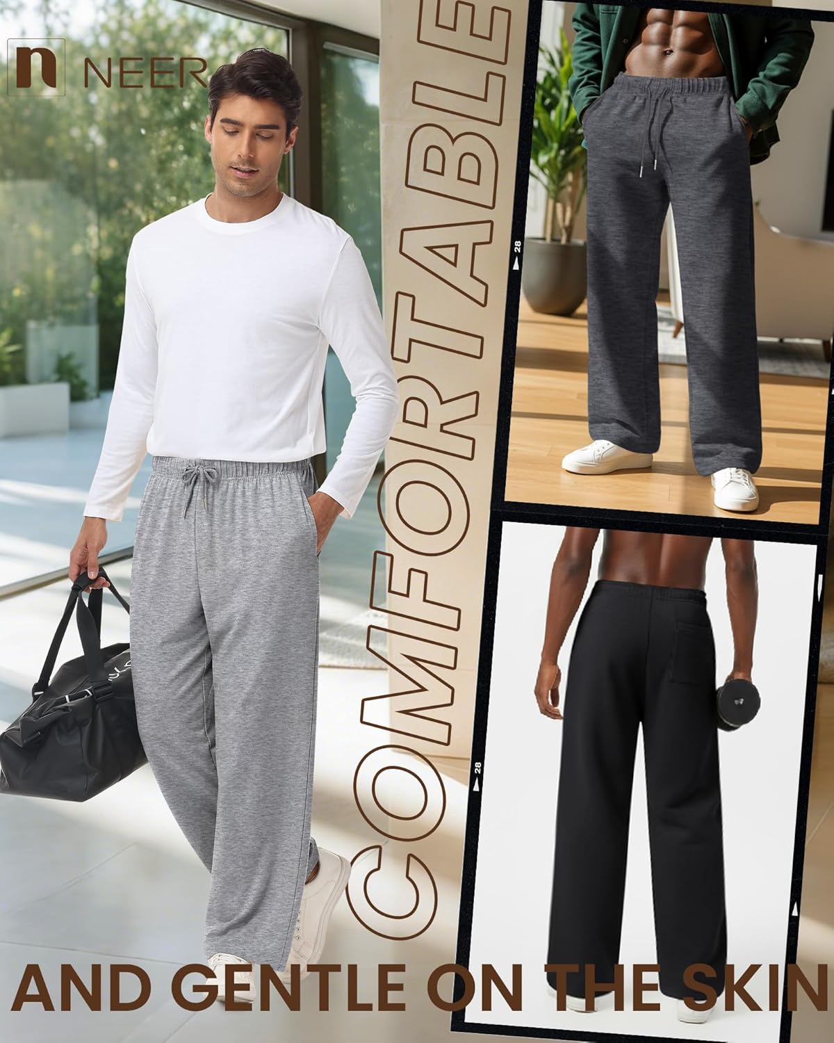 Neer 4 Pack Men's Lightweight Sweatpants Summer Wide Leg Drawstring Open Bottom Pants Gym Baggy Lounge Joggers with Pockets