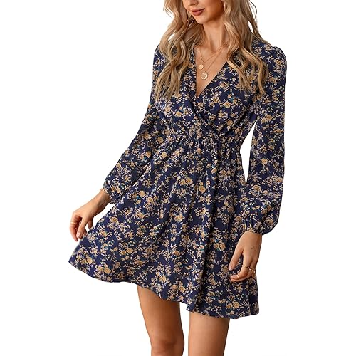CUPSHE Women's Floral Mini Fall Dress Ditsy Surplice V Neck Long Peasant Sleeve Elastic Waist Casual Spring Dresses