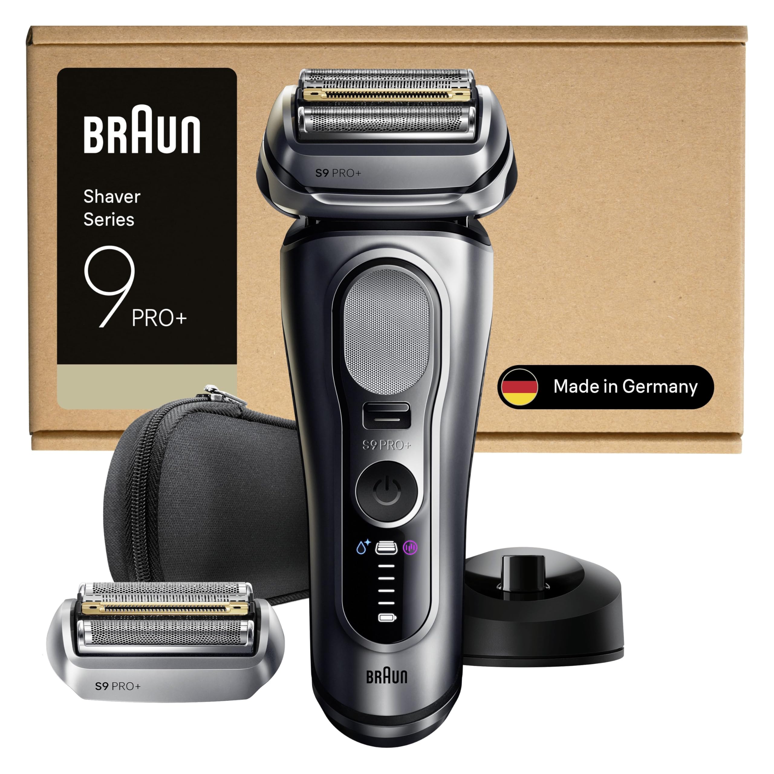 Braun Afeitadora Eléctrica Hombre Series 9 PRO+, Máquina De Afeitar Barba En Seco Y En Mojado Con Tecnología 5+1, 60 Min De Uso, 1 Cabezal Extra, Base De Carga, Estuche De Viaje, 9617PSI, Plata