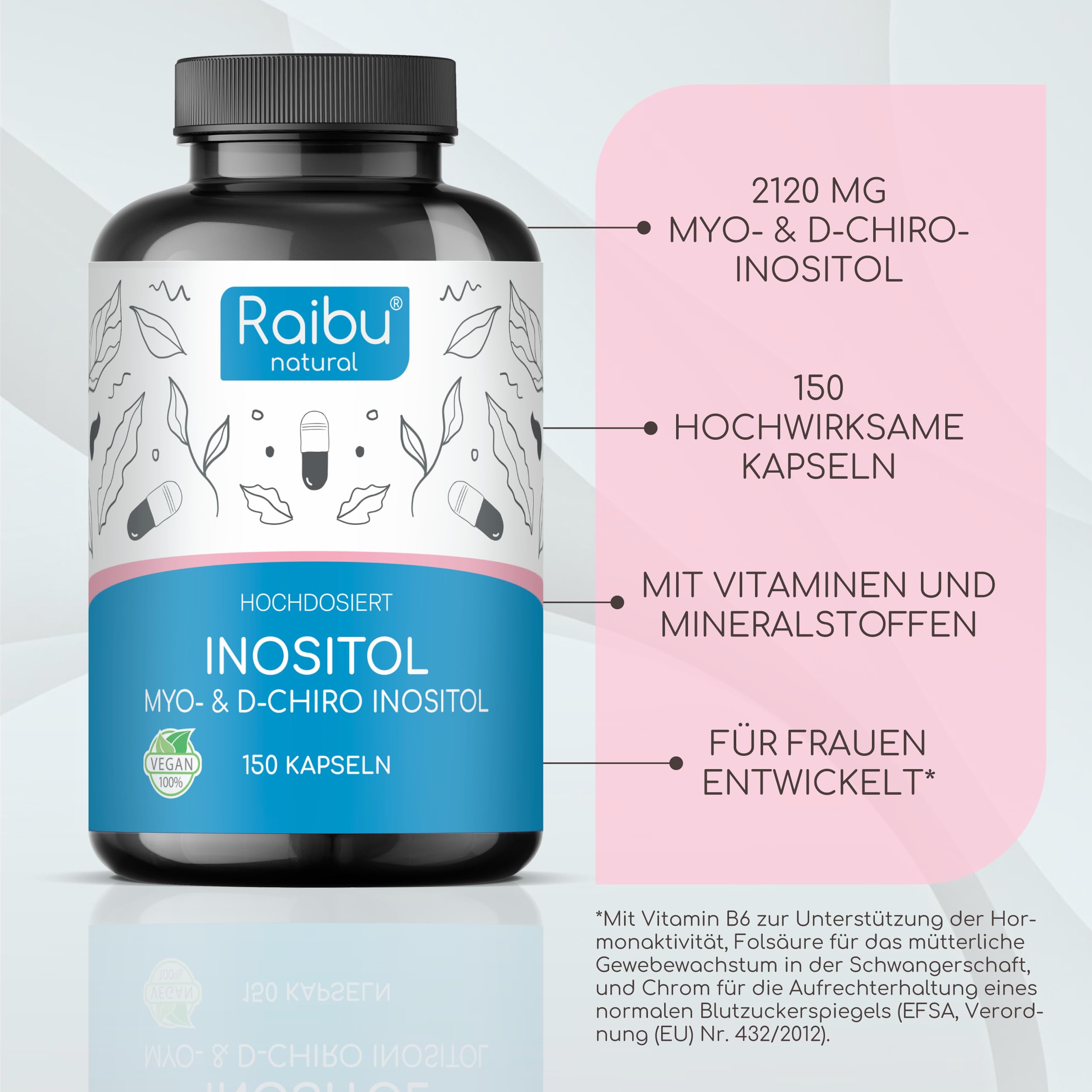 Inositol Kapseln, 2120mg Myo Inositol & D-Chiro pro Tag - Mit Vitamin B6, Folsäure & Chrom - Vegan, Ohne Zusätze & Laborgeprüft - 150 hochdosierte Kapseln, Raibu