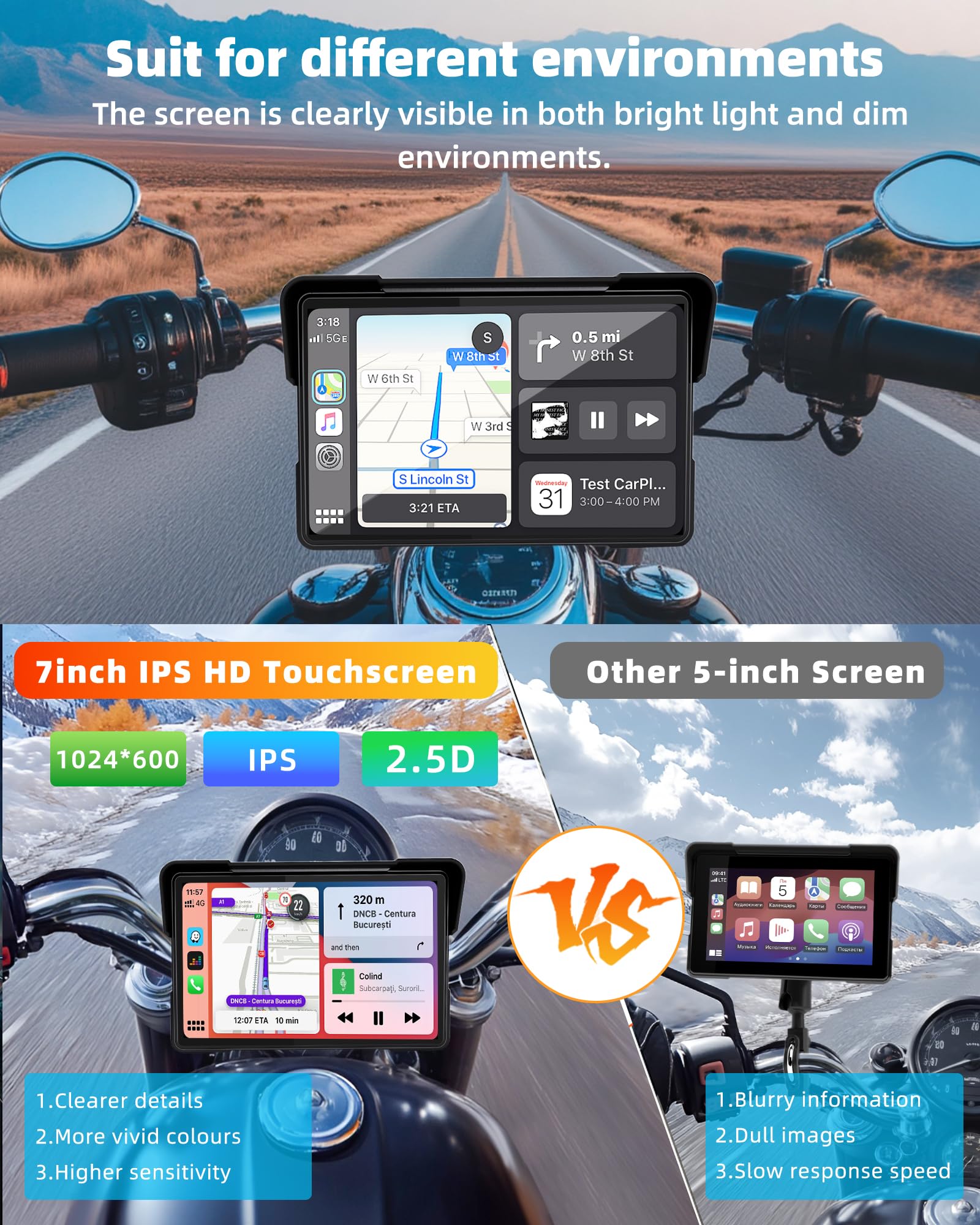 Jansite Carplay Moto per BMW Moto 7 Pollici Navigatore Moto Schermo Assistenza Senza Fili CarPlay e Android Auto, Navigatore per Mo.to con Bluetooth, IP67 Impermeabile, Navigazione GPS Siri/Goo-gle