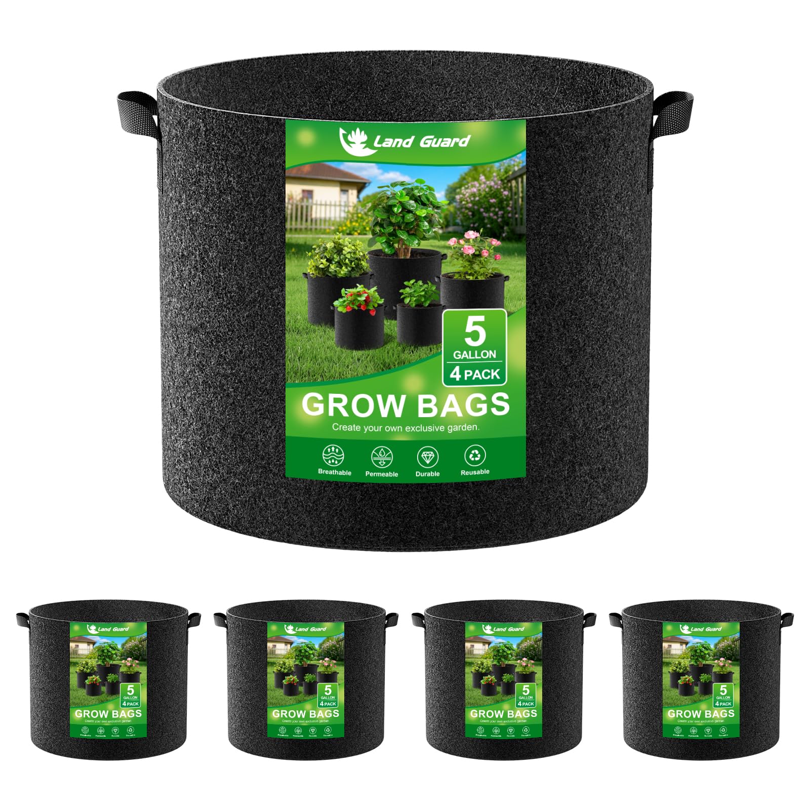 Land Guard 4-Pack Fabric Grow Bags 5 Gallon, Thickened Nonwoven Garden Pots, Growing Bags with Handles, Black