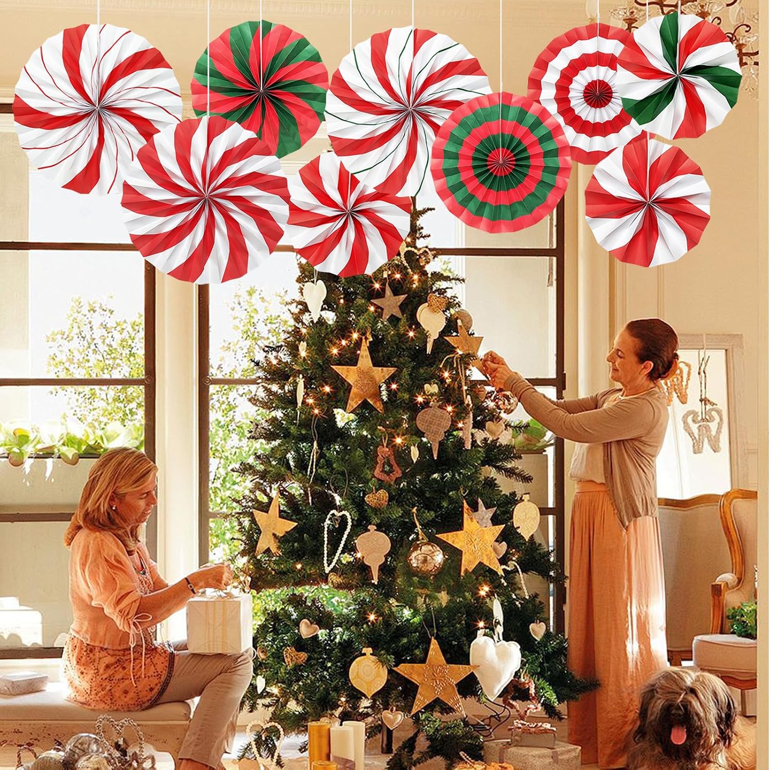 9 Pcs Christmas Party Decorations, Red and Green Hanging Candy Paper Fans Candy Cane Wall Ceiling Decor for Xmas Party, Classroom, Office, Birthday