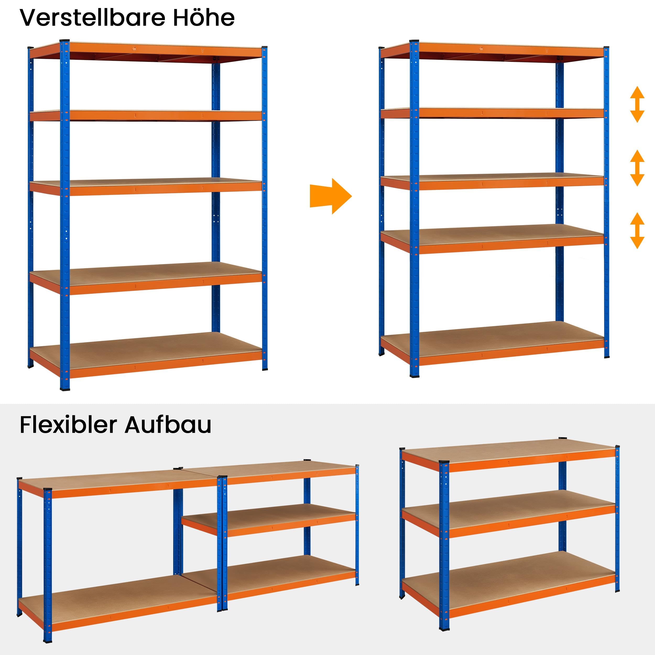 Yaheetech 2 x regał magazynowy 180 x 120 x 60 cm, regał do piwnicy, 875 kg, regał wtykowy, niebieski, 5 płyt MDF, regał warsztatowy, do dużych obciążeń, pomarańczowy, niebieski