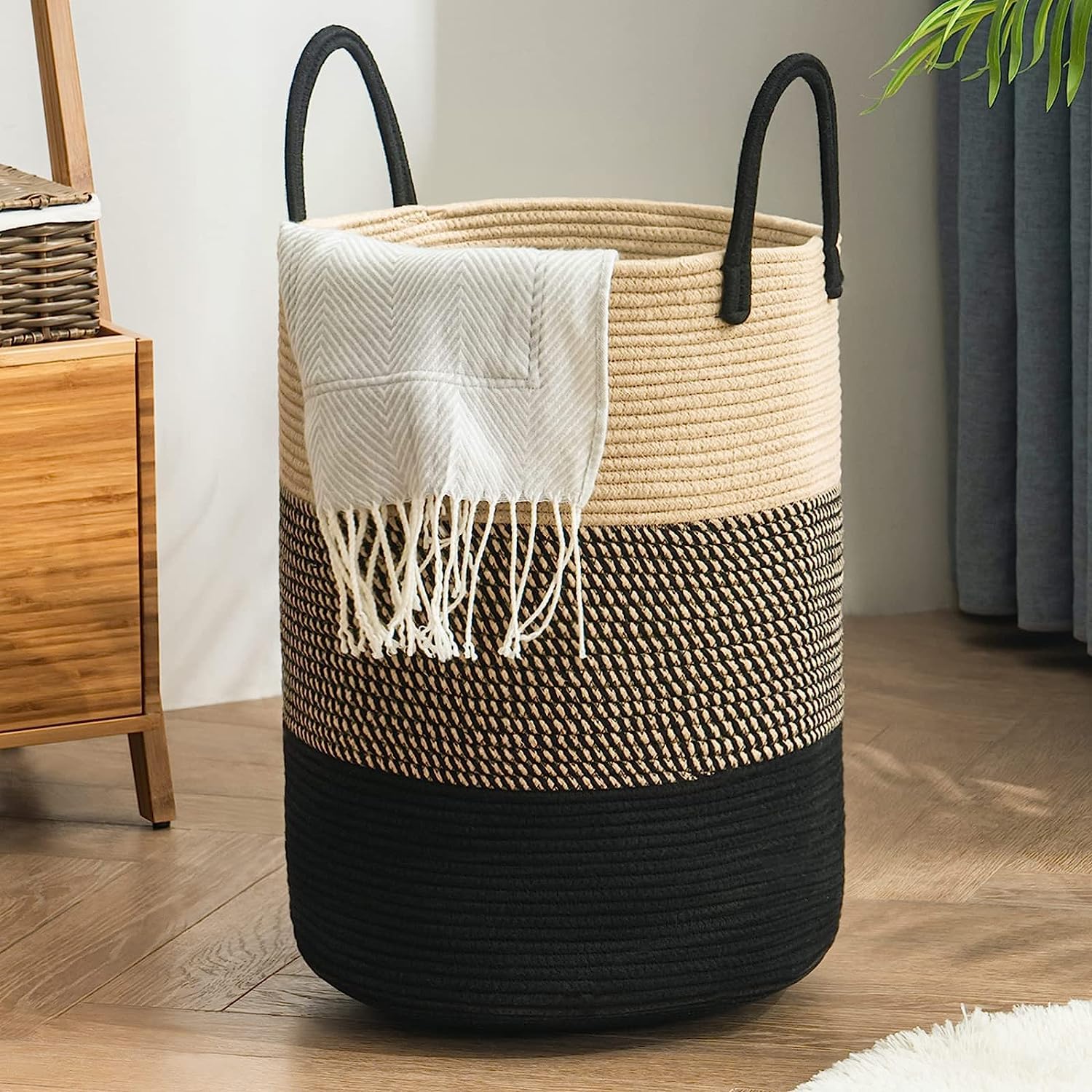 Brishtl® Woven Rope Laundry Hamper Basket, Baby Nursery Hamper For Blanket Storage, Clothes Hamper For Laundry In Bedroom,Hall ( Tall (72L) (16"X16"X22"),(Black Brown))
