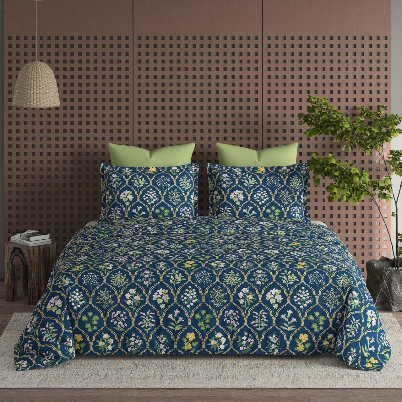 DECOMIZER XL Microfiber Soft Cotton Queen Bedsheet for Double Bed, Queen Size 90 Inches X 100 Inches, 230 X 250 cm with 2 Large Size Pillow Covers Without Joint - Navy Jaipuri