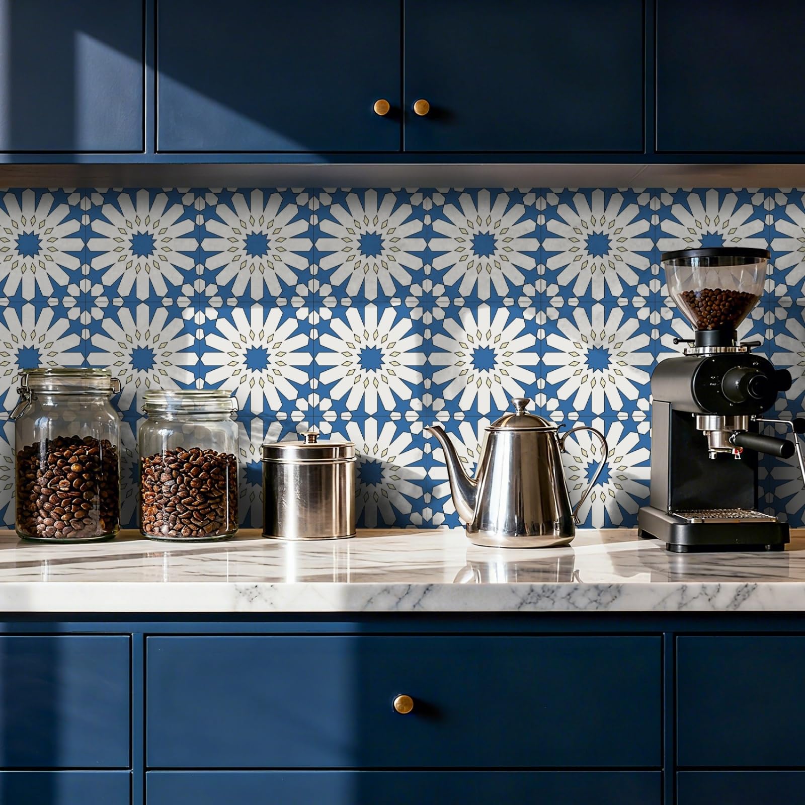 Peel and Stick Wall Tiles Mandala Blue White Tiles Self Adhesive PVC Home Decor Backsplash Kitchen Tile Stickers Waterproof Tile Stickers for Bathroom 20x20cm /24 Pcs