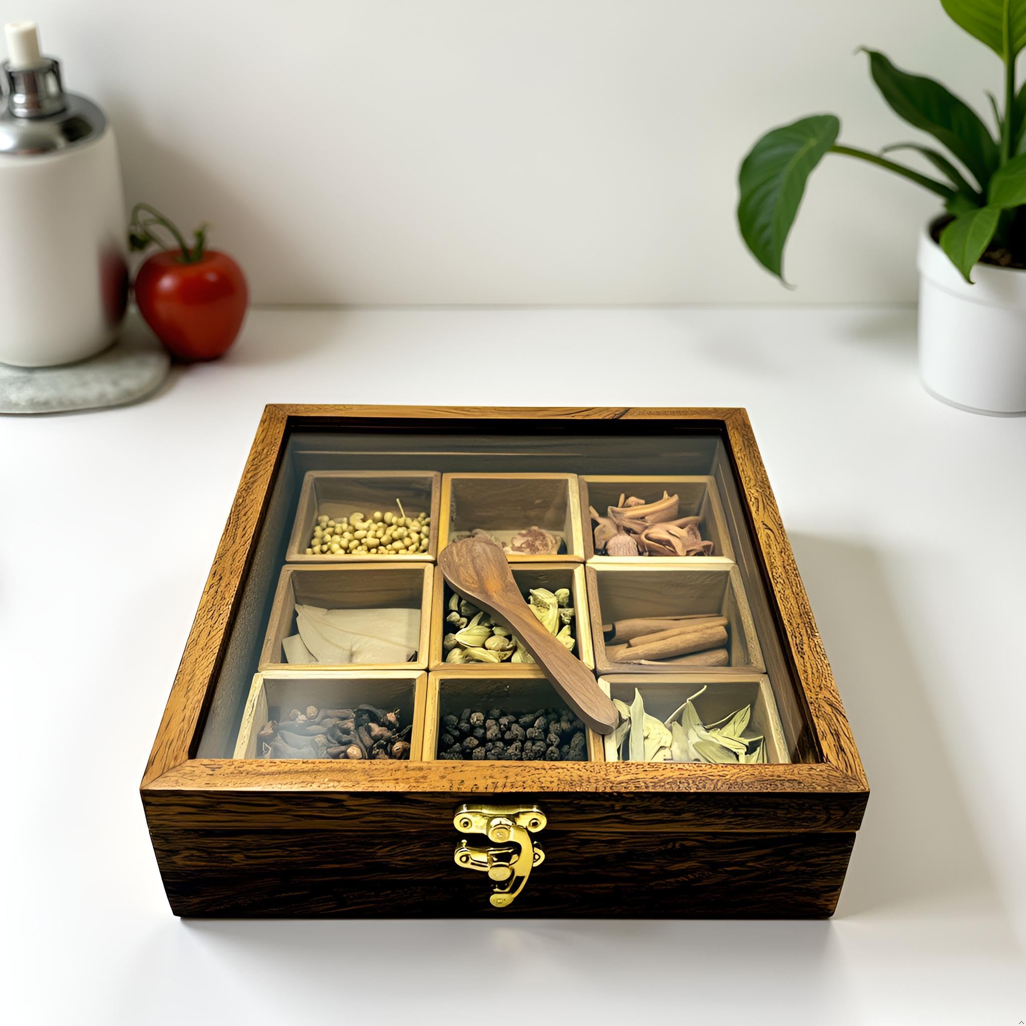 Wooden masala box Wooden Table Top Masala Dabba Containers Jars Cum Kitchen Spice Box with Spoon (Brown)