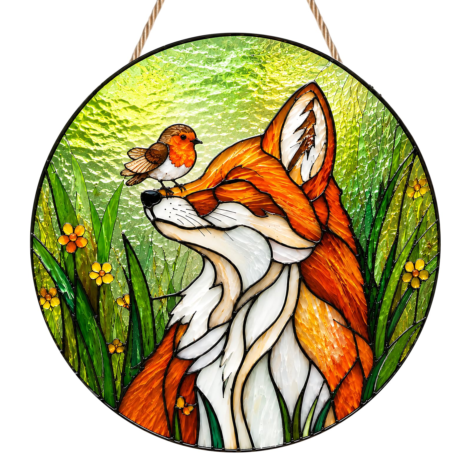 Fox Robin Sun Catcher, Cute Imitation Stained Glass Suncatcher for Windows, Acrylic Garden Hanging Ornaments for Women, Vintage Decor for Garden & Patio, Delicate Robin Gift for Mom
