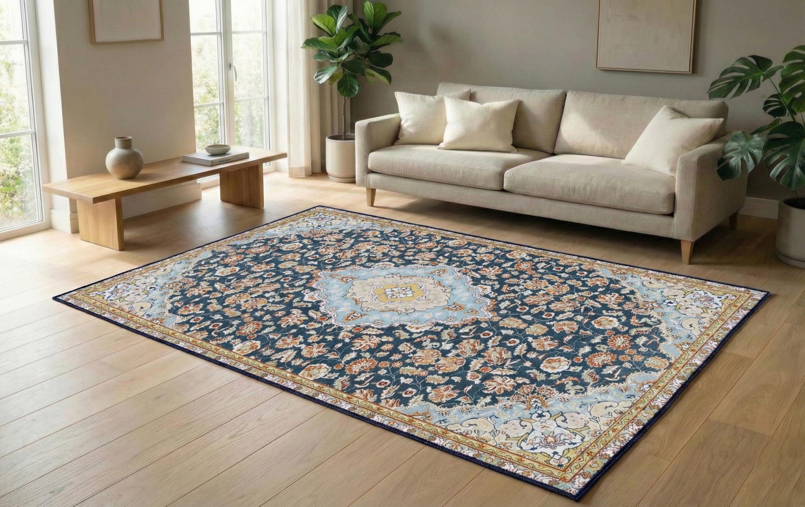 3 x 5 Feet Traditional Persian Style Area Rug, Carpet Navy Blue Floral Medallion Design, Living Room Carpet-image-27