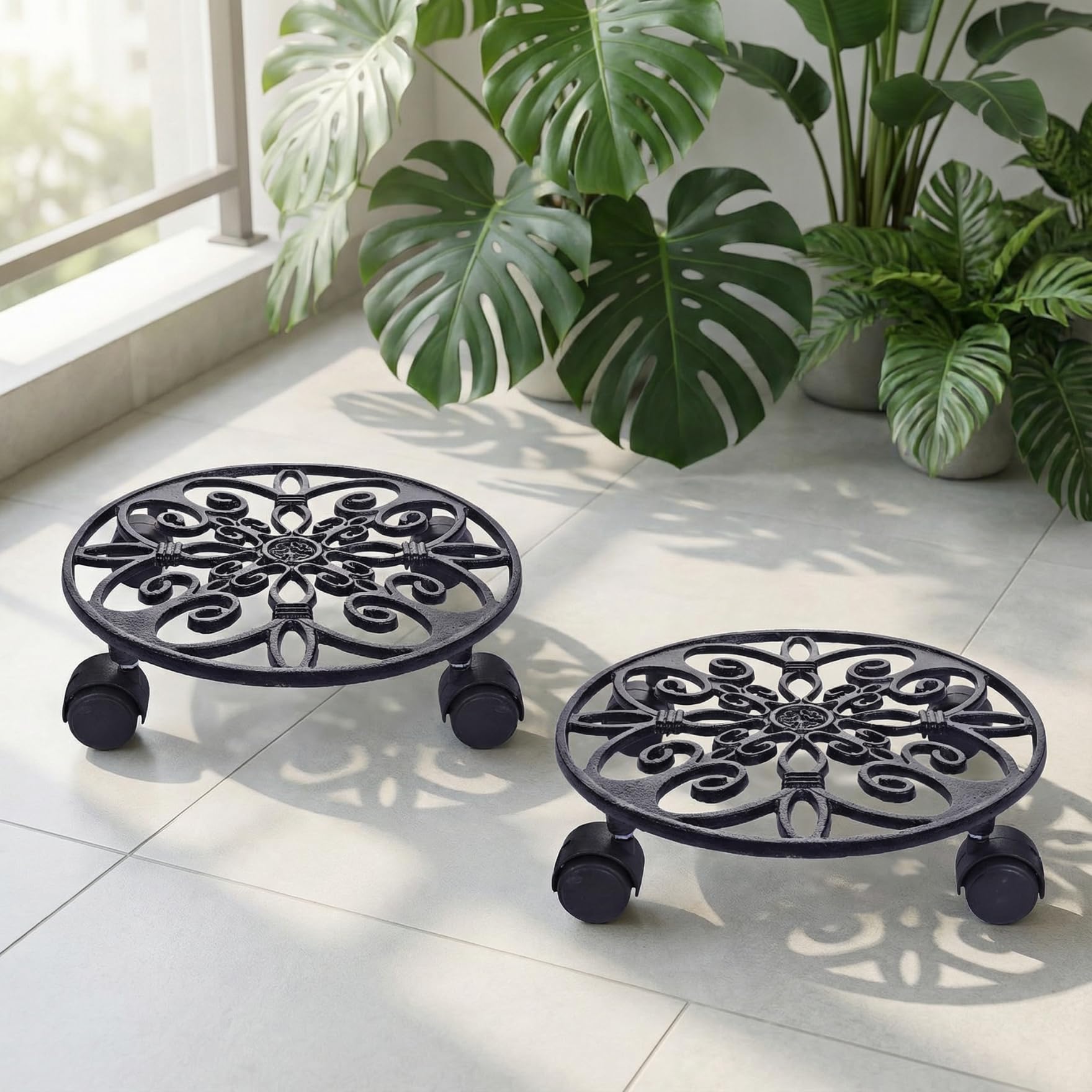 ecofynd SpinX Round Metal Plant Stand for Indoor & Outdoor Pots, Caddy Rolling Wheels Metal Potted Plant Holder for House, Garden & Patio (Pack of 2, Black, PS015)-picture-23