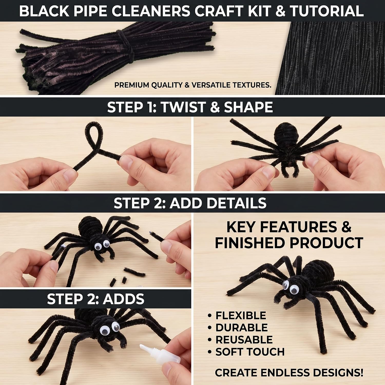 Black Pipe Cleaners Chenille Stems 100 Pieces for DIY Art Craft Decorations Creative (0.24 x 12 Inch)
