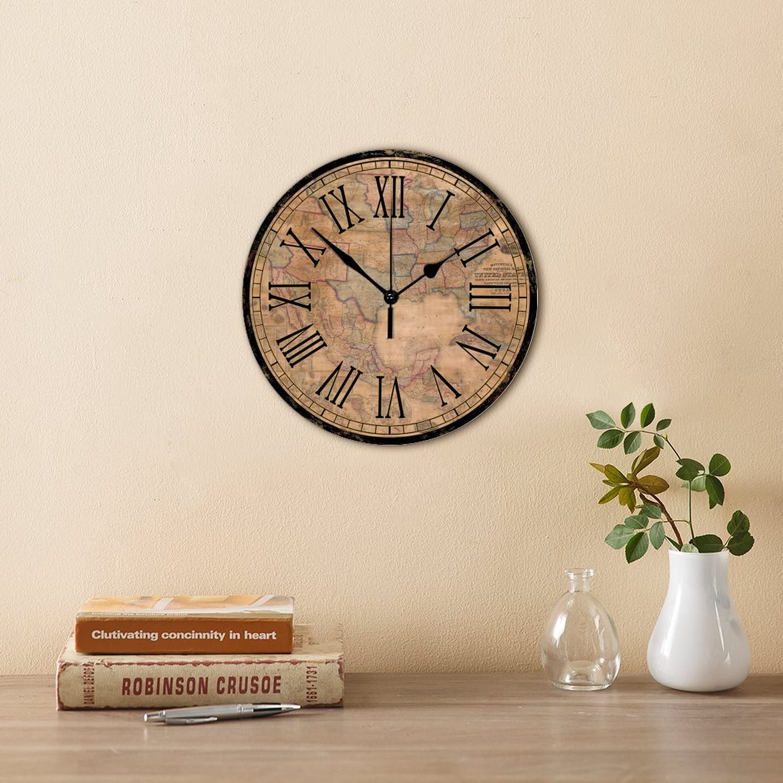 Amazon.com: Round Wooden Wall Clock Vintage Style Old World Map 
