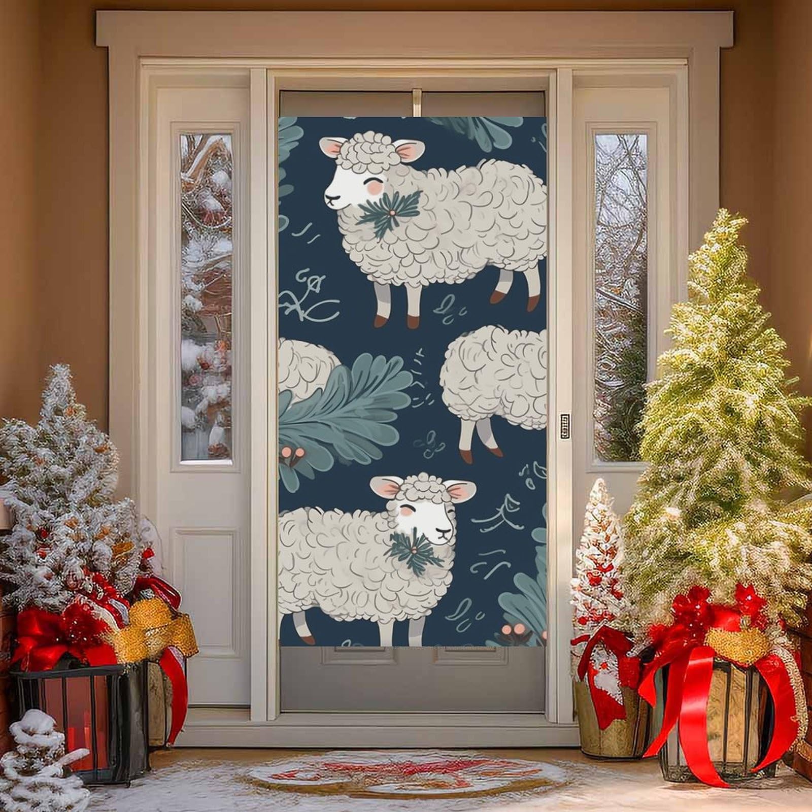 NTVOWPZO Sheep and Holly Tree Door Curtains for Doorway Privacy Dividers Door Banner Blackout Curtains Fabric Door Window Curtain for Home Bedroom Kitchen Decor 35.4x70.9 in Decorative Banner