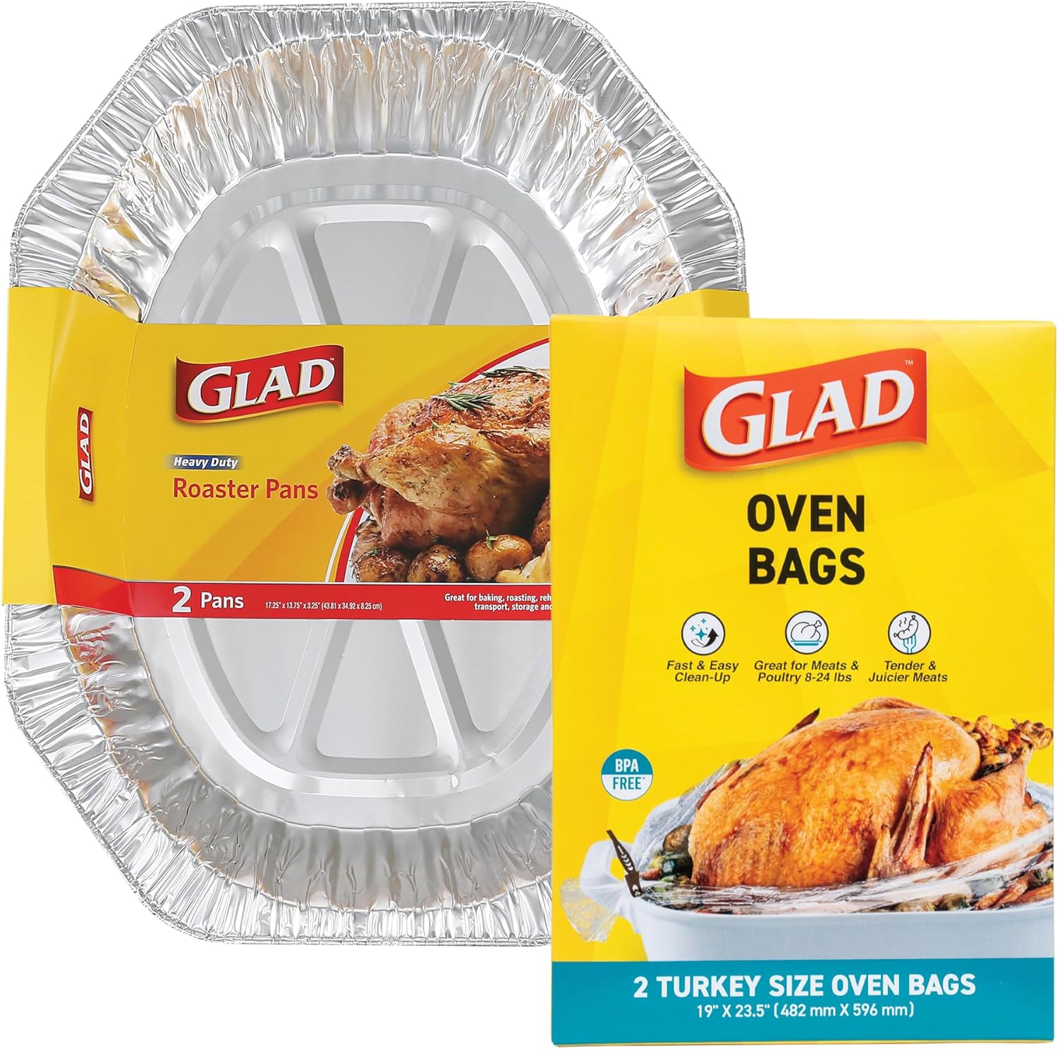 NO OVEN BAGS** Glad Oval Roaster Pans and Turkey Size Oven Bags Bundle - Heavy Duty Disposable Foil Roasting Pans and BPA-Free Oven Bags for Juicy Meats and Easy Clean-Up - 2 Roaster Pans + 2 Oven Bags