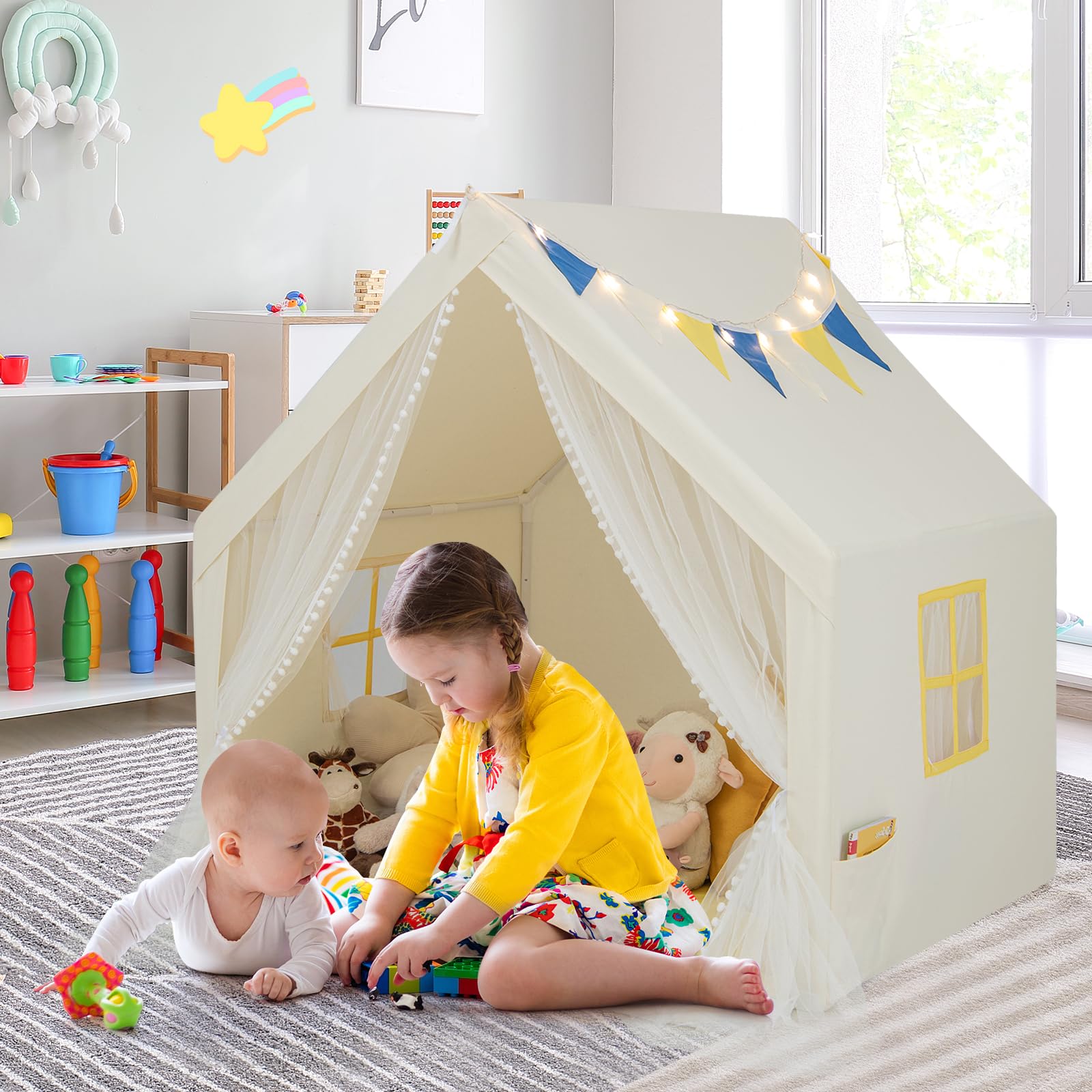HOMASIS Kinderzelt für Indoor & Oudoor, Kinder Spielzelt mit Sternenlichtern & Matte & Fenster & Vorhang, Spielhaus Prinzessin für Jungen & Mädchen, Kinderspielhaus Tipi Zelt 121x105x125cm