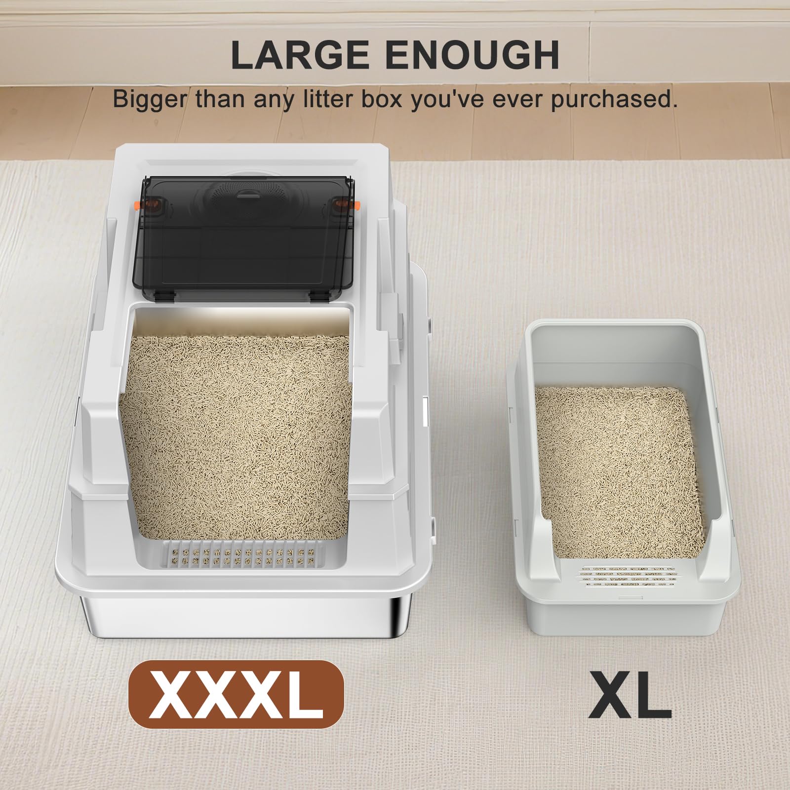 Extra Large Enclosed Stainless Steel Cat Litter Box with Lid - XXXL Giant Metal Enclosed High Sides Litter Boxes for Multi-Cat Households and Overweight Cats - Black - image 2